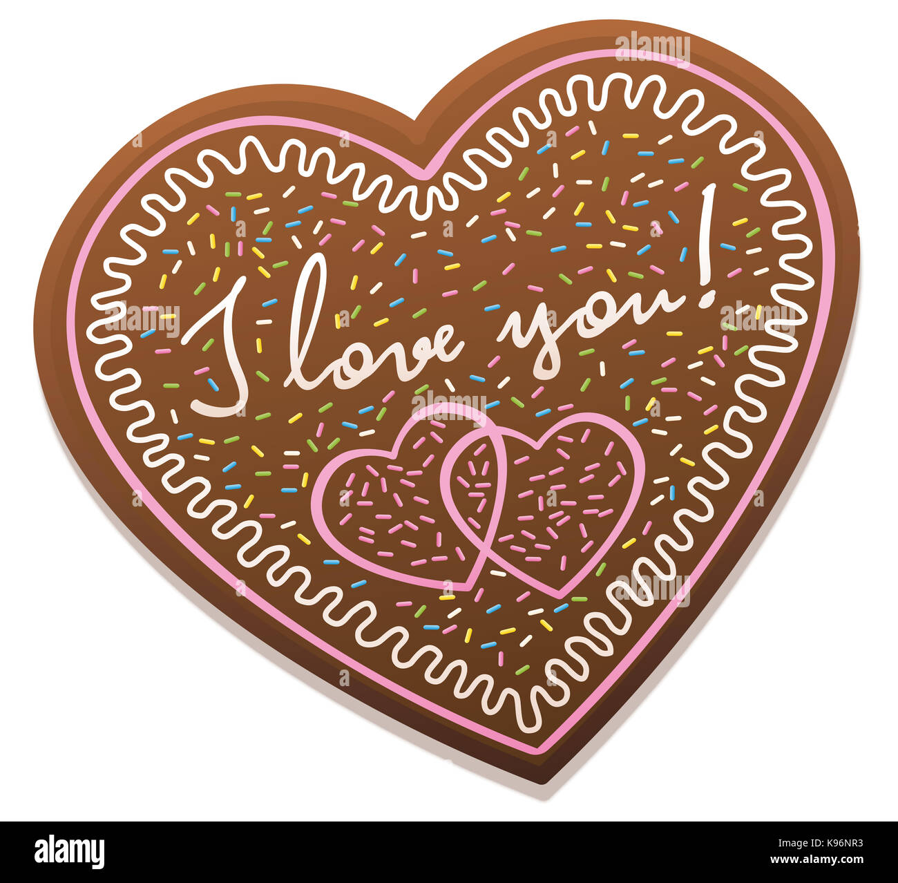 Gingerbread heart with the words I LOVE YOU. Illustration on white background. Stock Photo