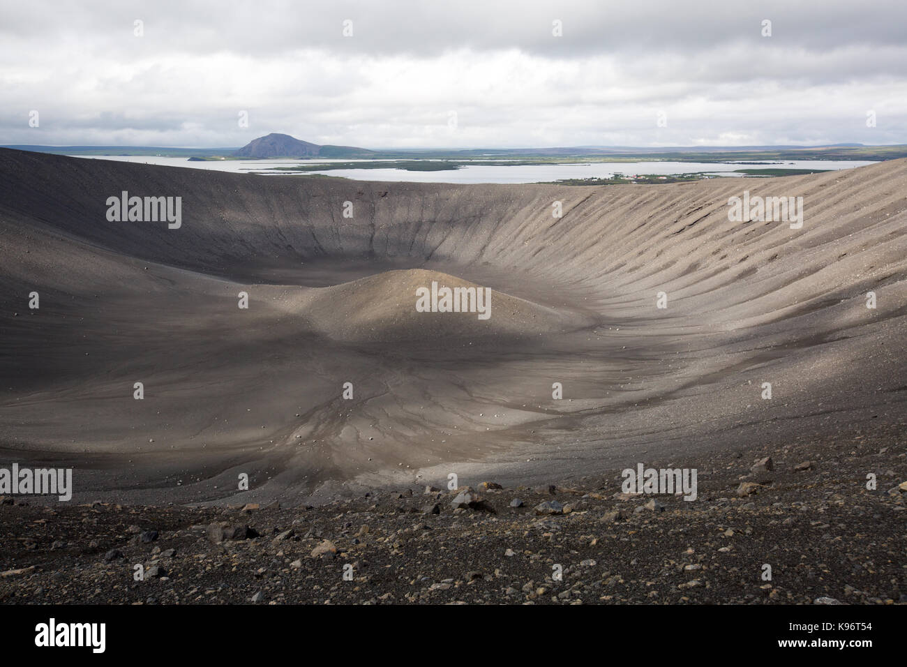 A view of the circuclar crater at Hverfjall Volcano. Stock Photo
