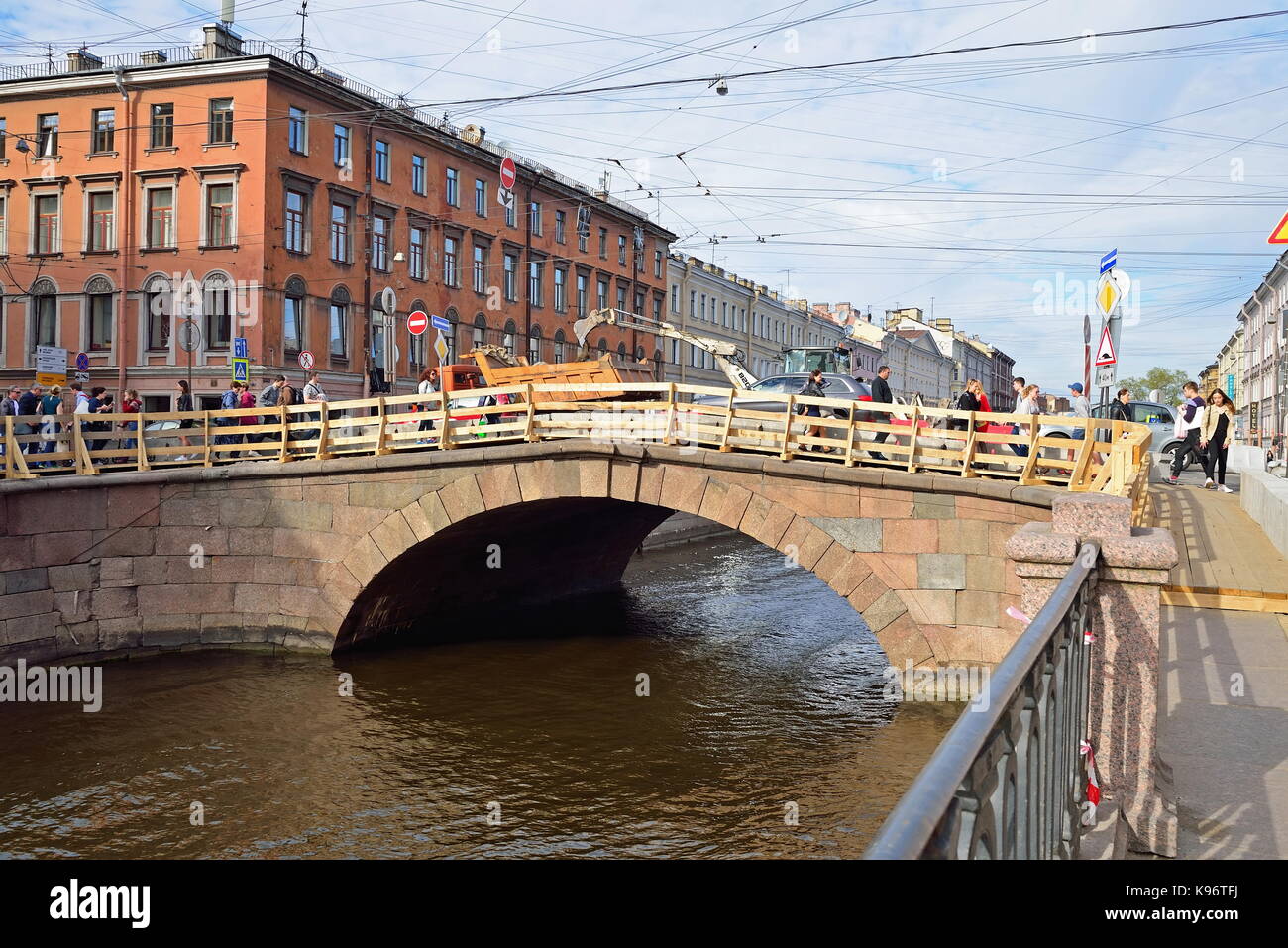 Construction equipment for Stone bridge over Griboyedov Canal in Stock Photo
