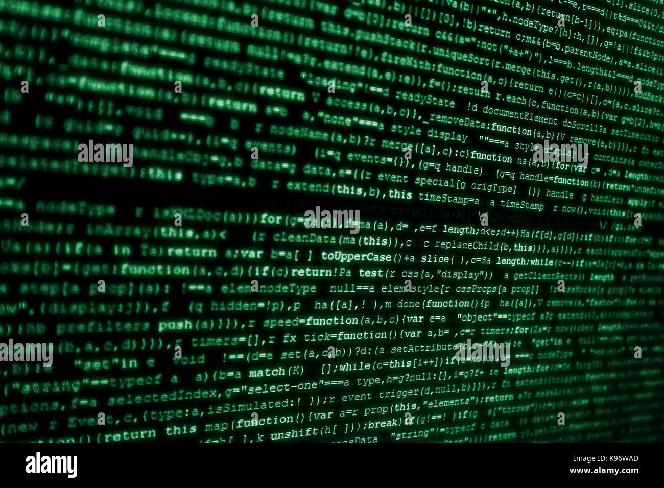 Internet concept, javascript code. Language web pages, computers, network, web. Black background with green text like old CRT monitors, matrix style. Stock Photo