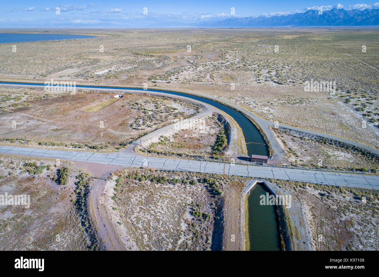 Aerial view of Franklin Eddy Canal part of the Closed Basin Project to extract groundwater in San Louis Valley (Colorado) and deliver to Rio Grande Ri Stock Photo