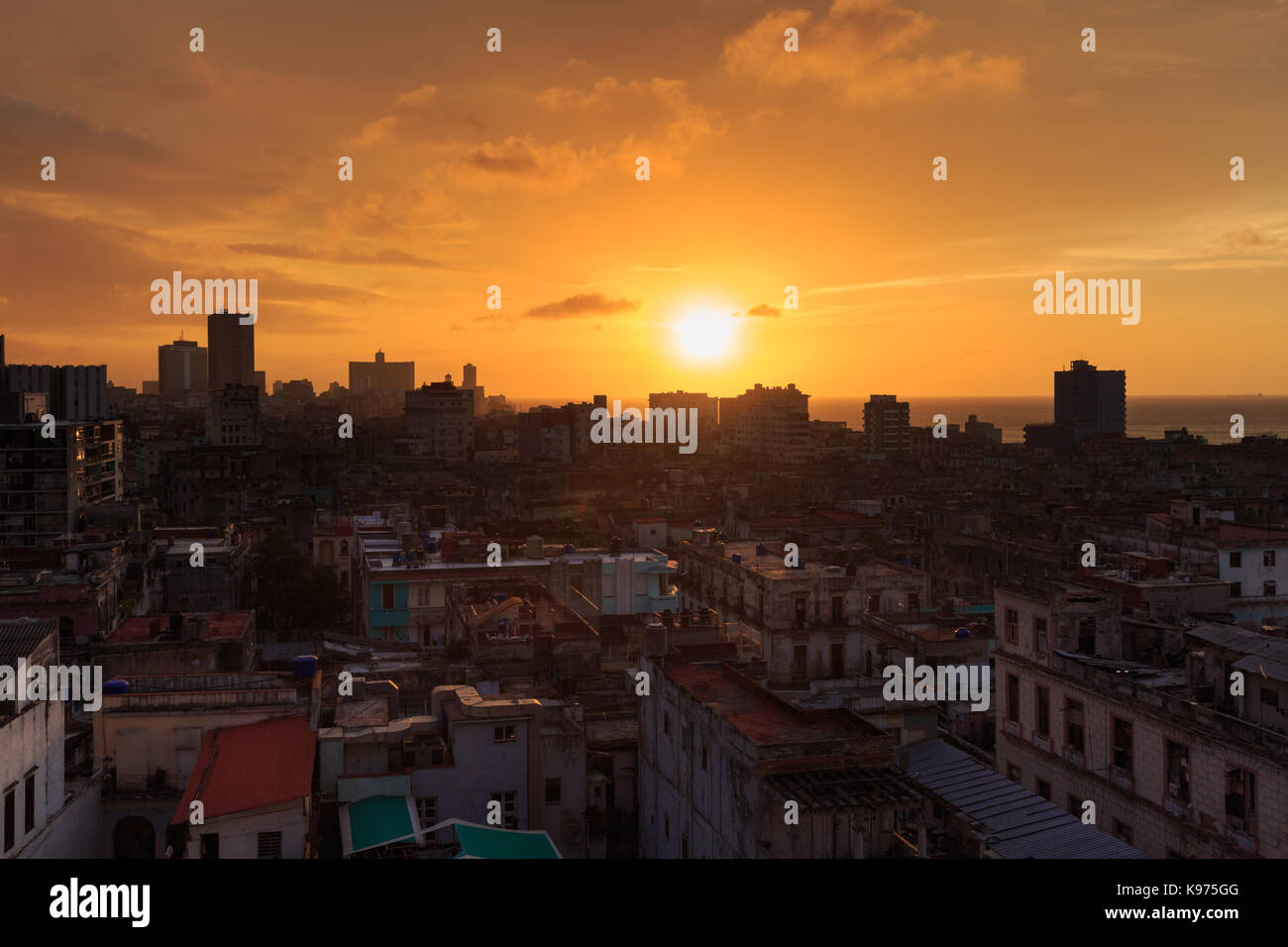 Beautiful sunset over Havana Vieja from above, view to the sea, Havana Cuba Stock Photo