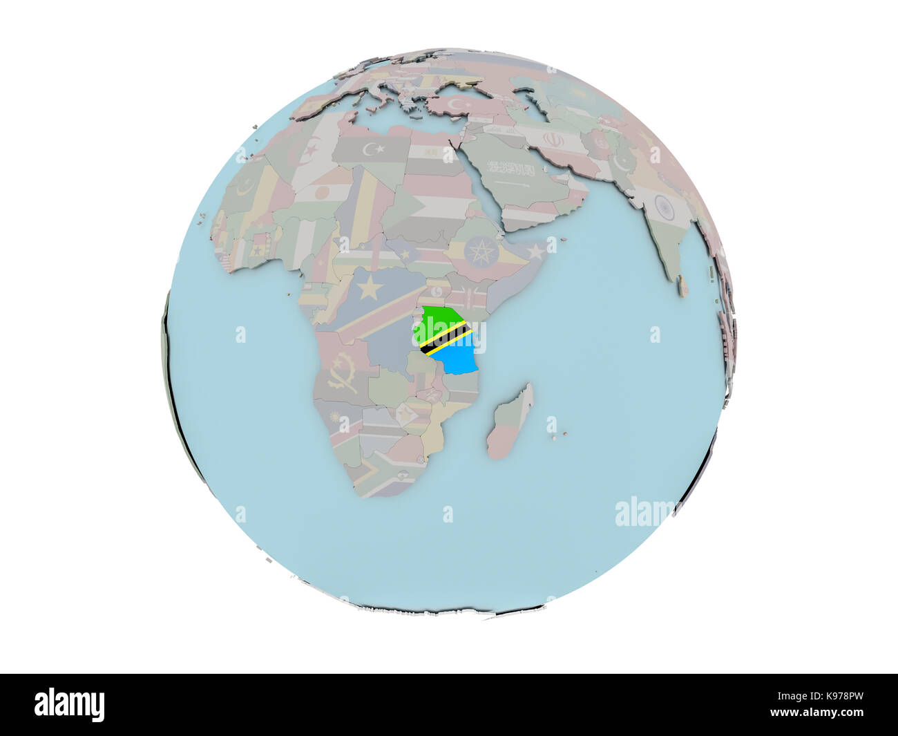 Tanzania on political globe with embedded flags. 3D illustration ...