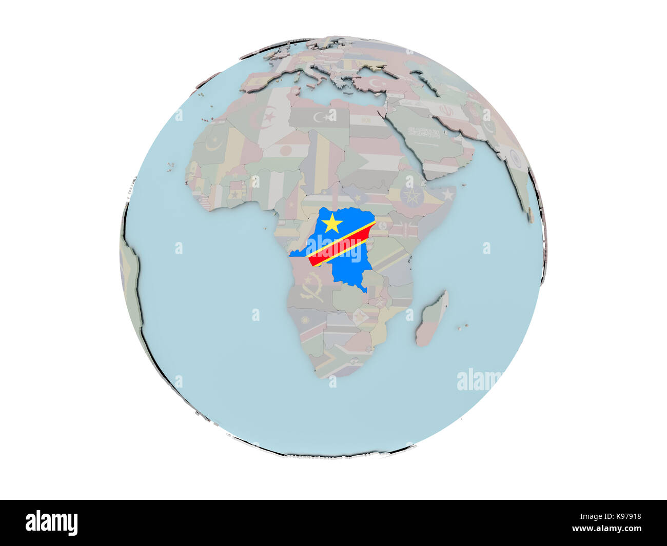 Democratic Republic of Congo on political globe with embedded flags. 3D illustration isolated on white background. Stock Photo
