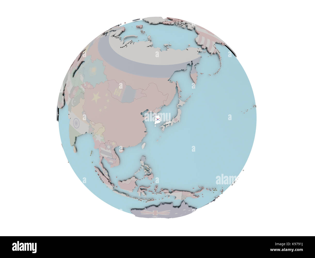 South Korea on political globe with embedded flags. 3D illustration ...