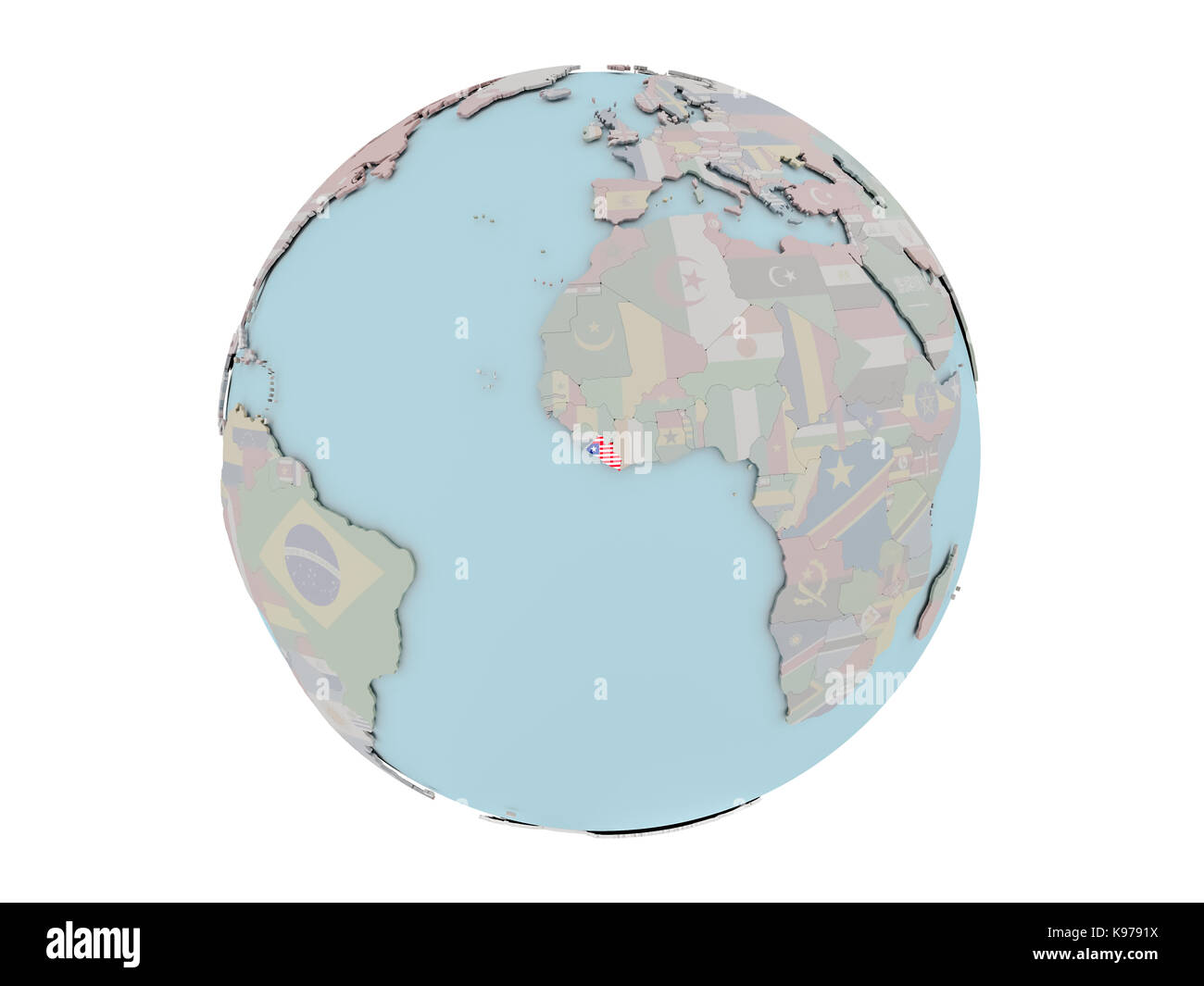 Liberia on political globe with embedded flags. 3D illustration ...