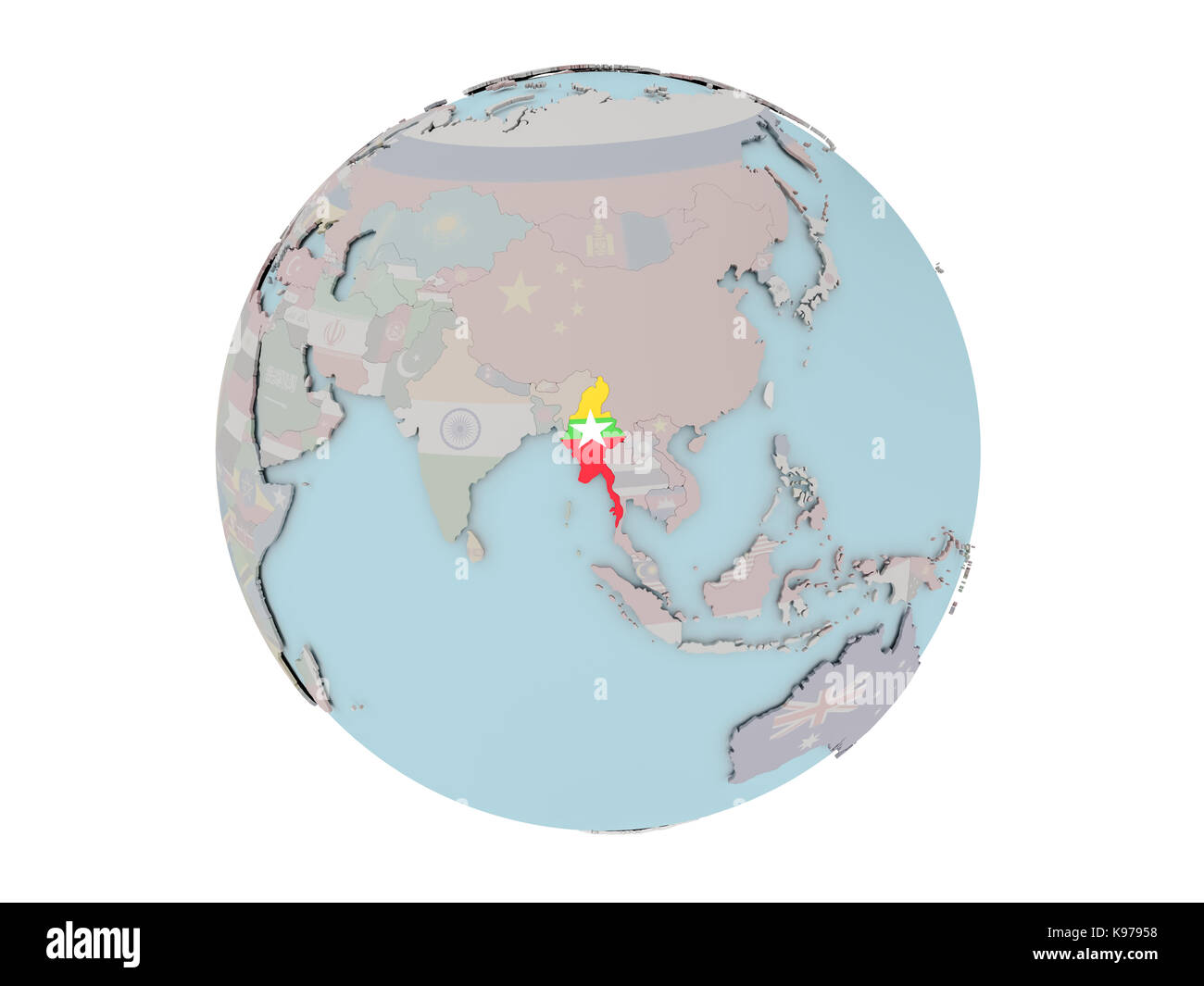 Myanmar on political globe with embedded flags. 3D illustration ...