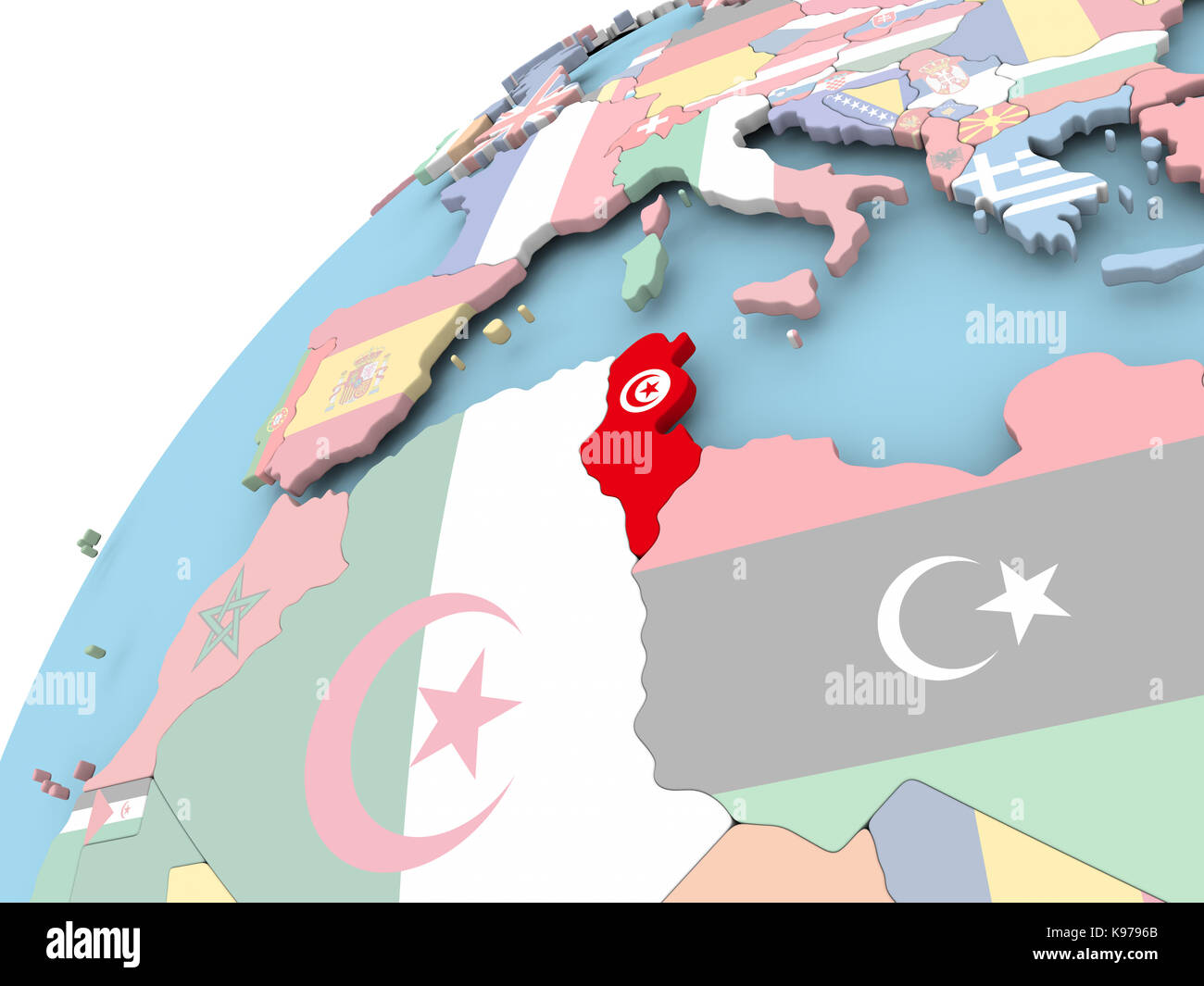 Map Of Tunisia On Political Globe With Embedded Flag 3D Illustration   Map Of Tunisia On Political Globe With Embedded Flag 3d Illustration K9796B 