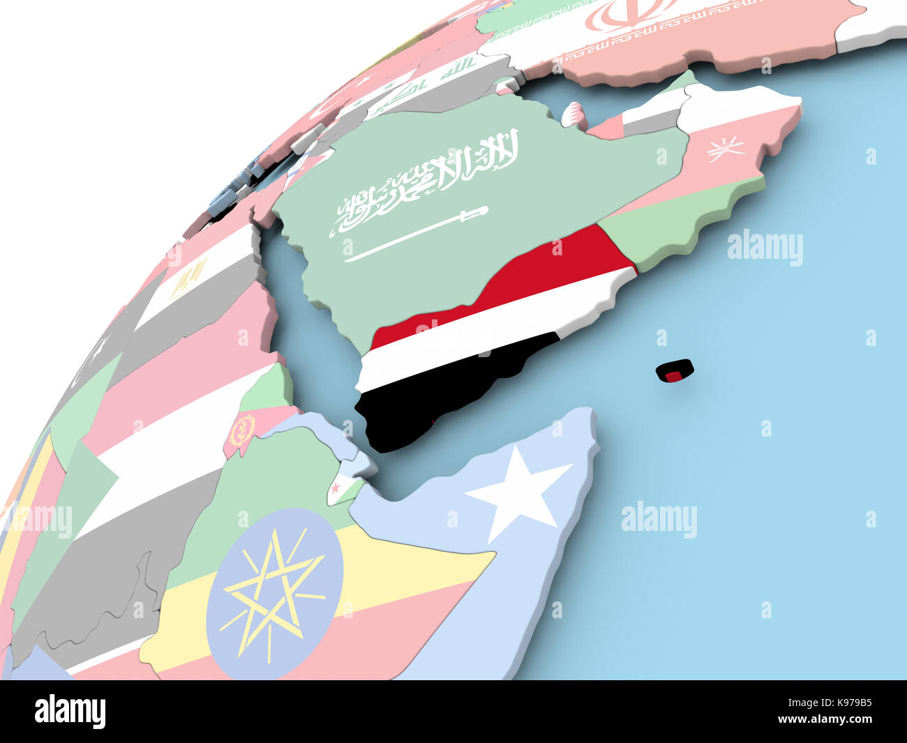 Map of Yemen on political globe with embedded flag. 3D illustration ...
