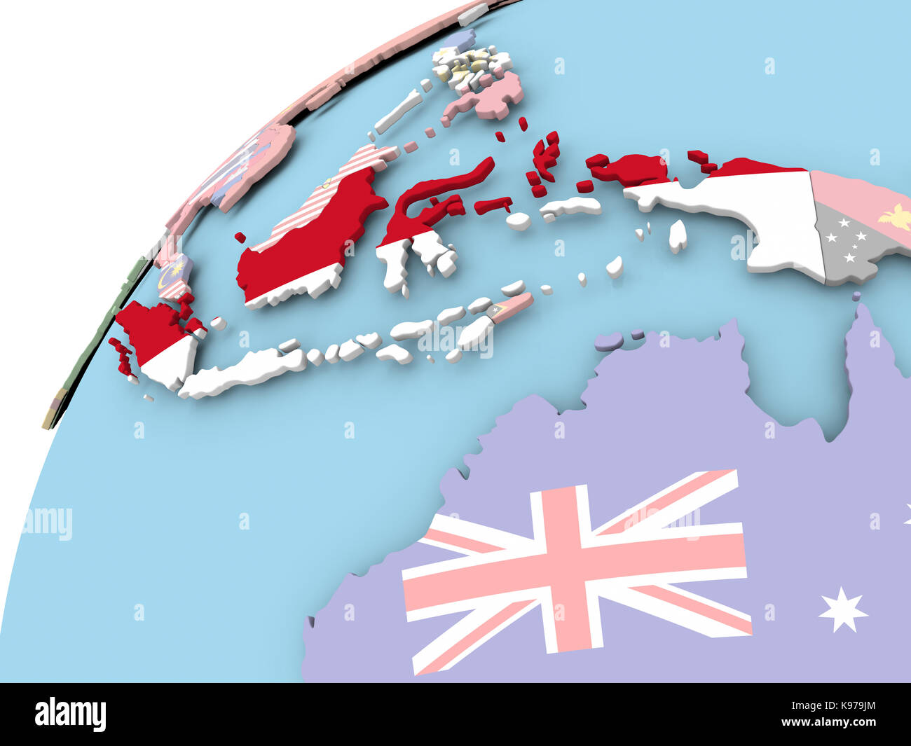 Map of Indonesia on political globe with embedded flag. 3D illustration. Stock Photo