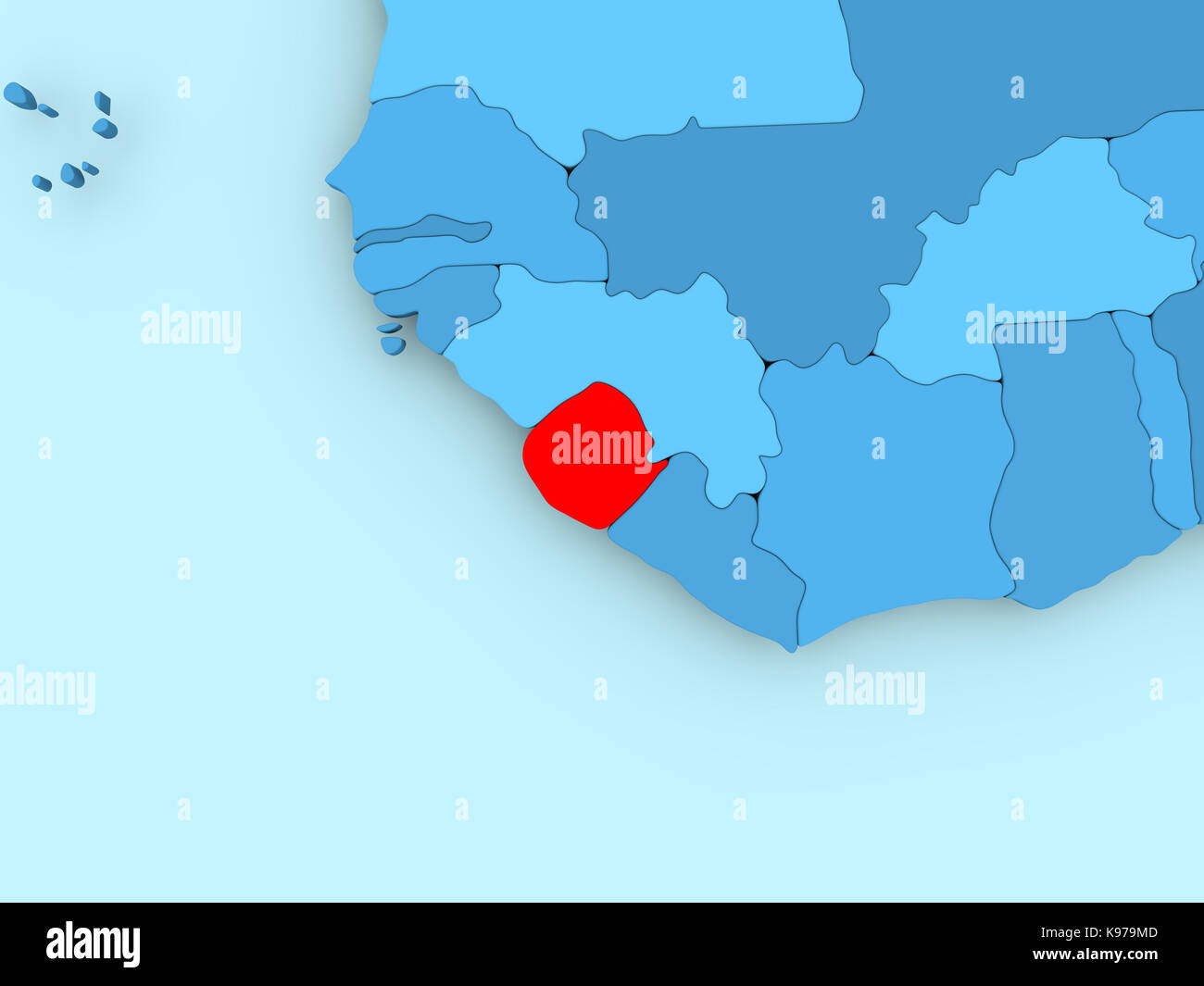 Sierra Leone in red on blue political map. 3D illustration Stock Photo ...