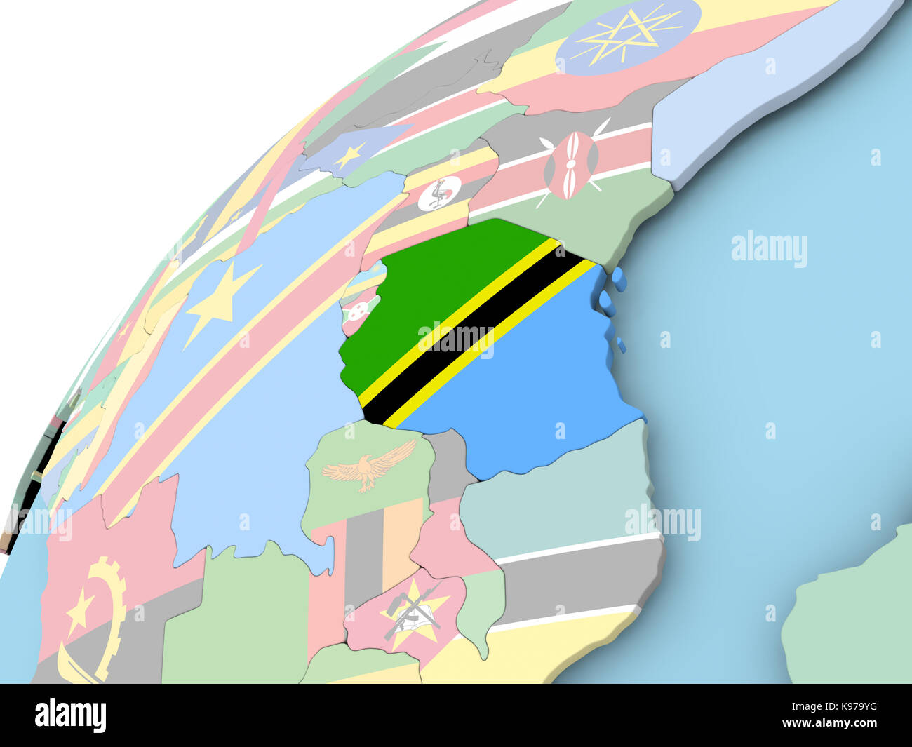 Map of Tanzania on political globe with embedded flag. 3D illustration ...