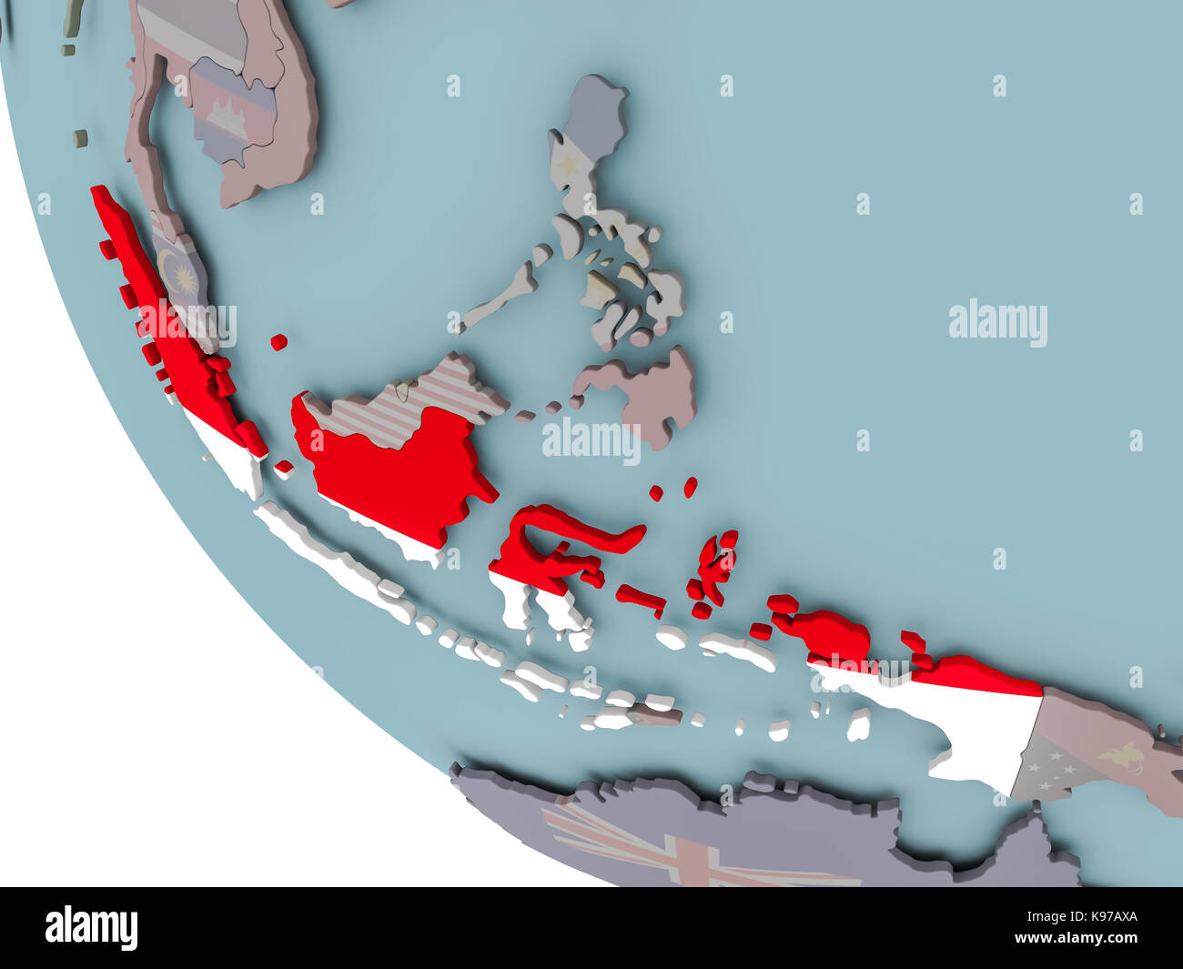 Map of Indonesia on political globe with embedded flags. 3D illustration. Stock Photo