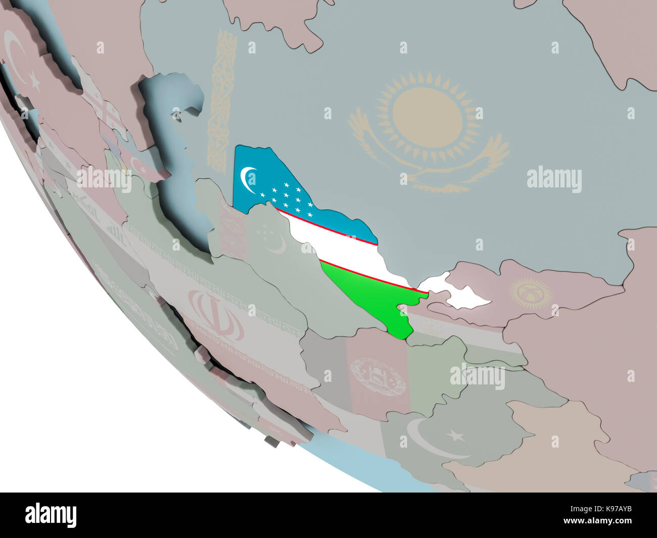 Map of Uzbekistan on political globe with embedded flags. 3D ...