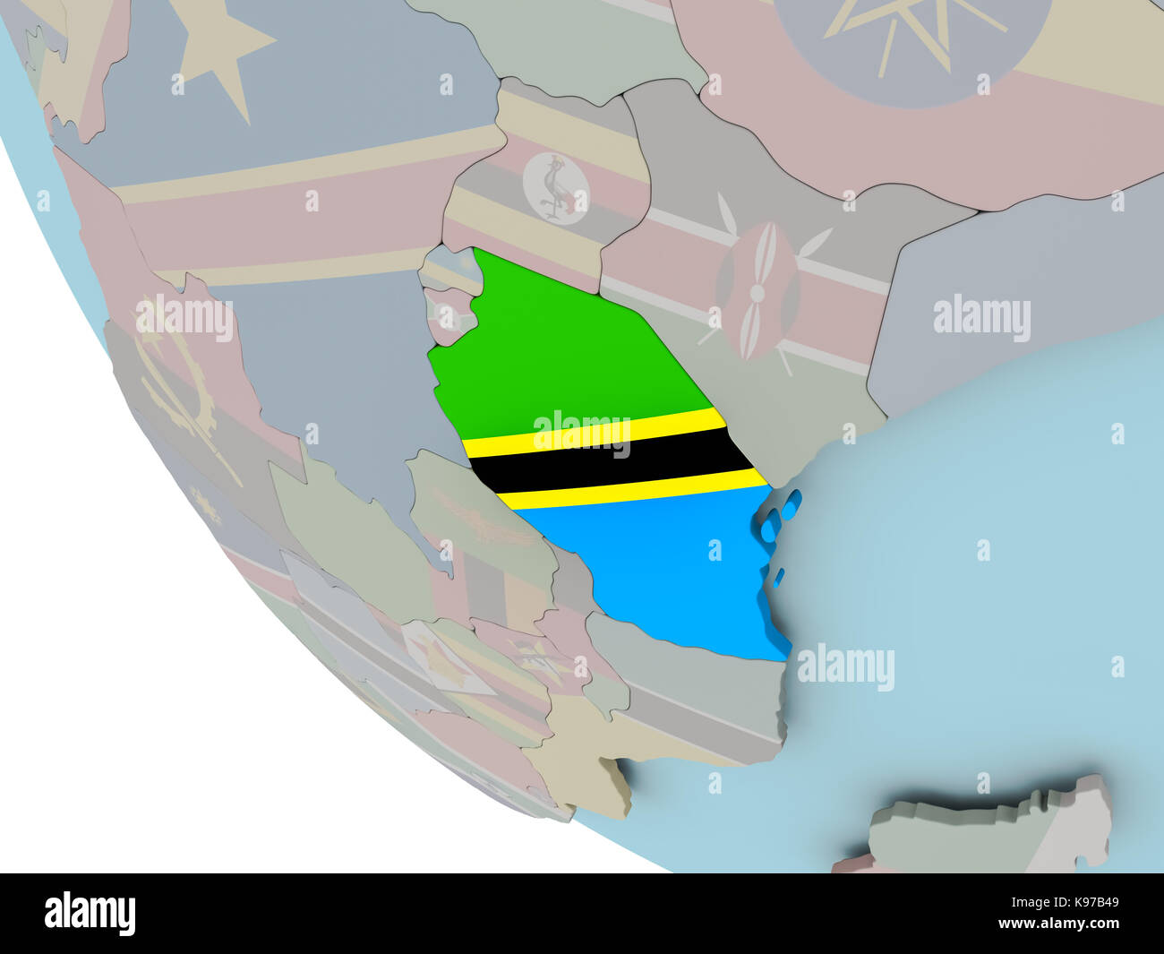 Map of Tanzania on political globe with embedded flags. 3D illustration ...