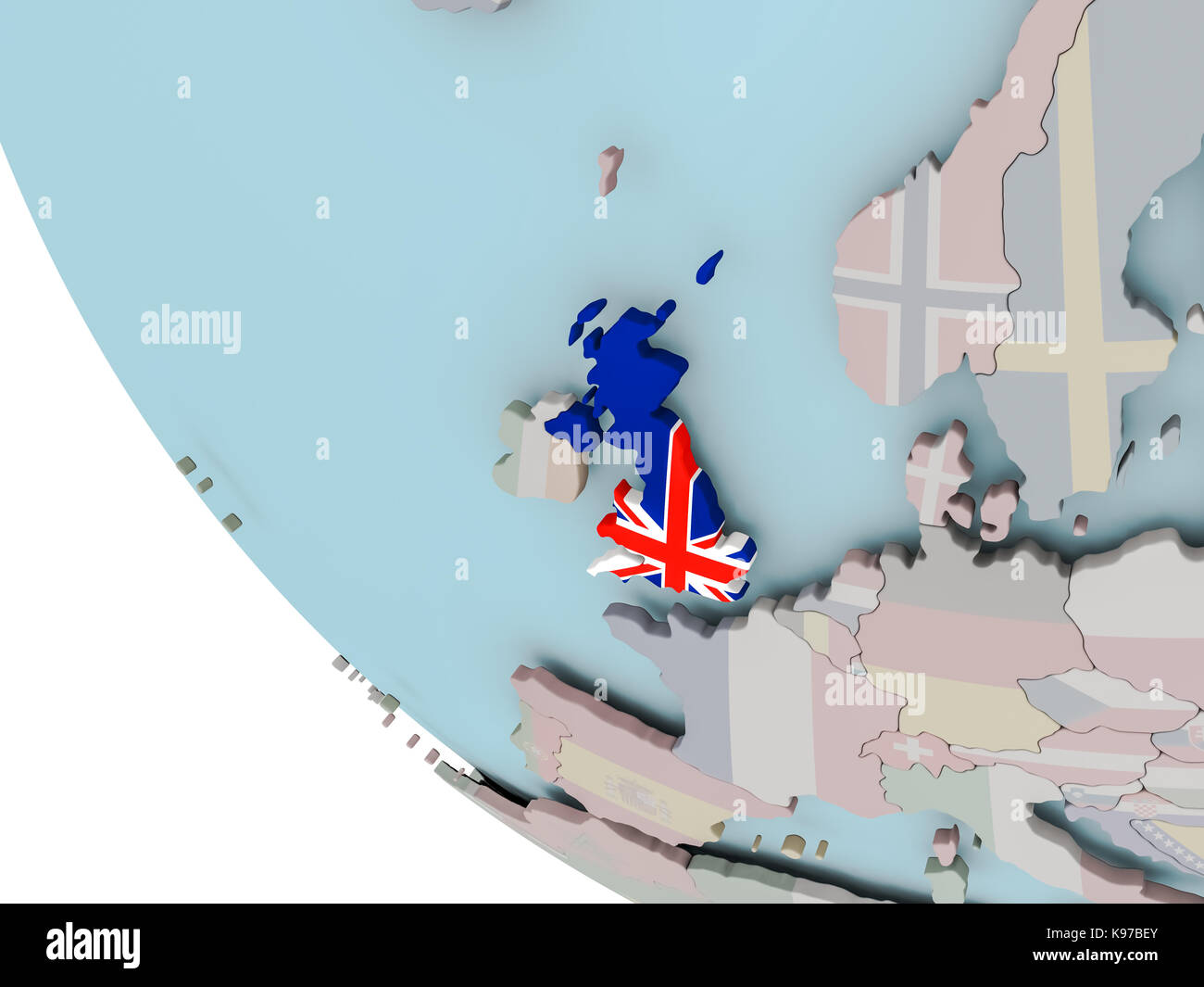 Map of United Kingdom on political globe with embedded flags. 3D ...