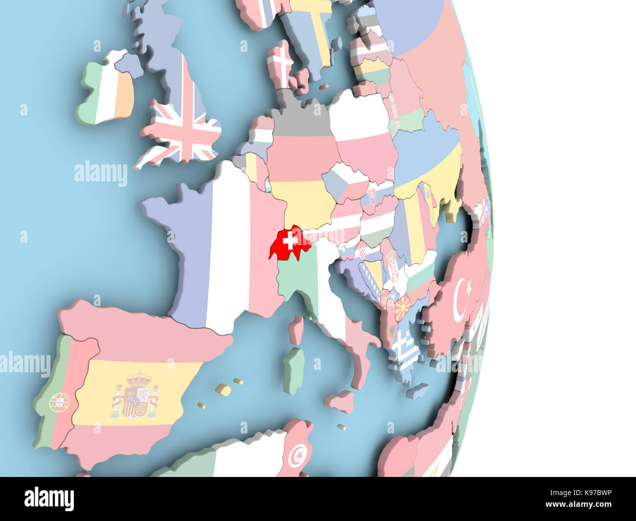 Switzerland with embedded flag on globe. 3D illustration Stock Photo ...
