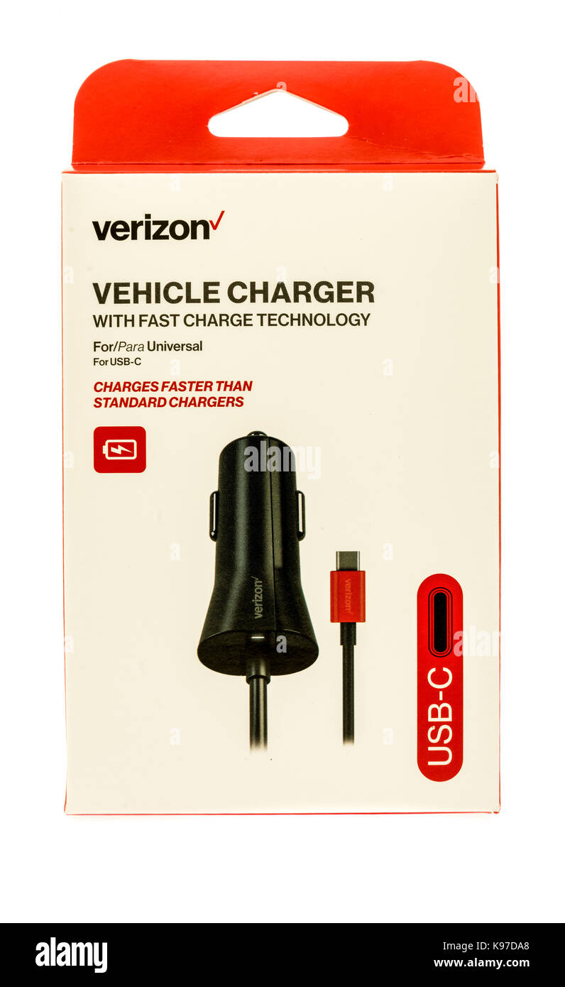 Winneconne, WI - 20 September 2017:  A box featuring a Verizon car charger on an isolated background. Stock Photo