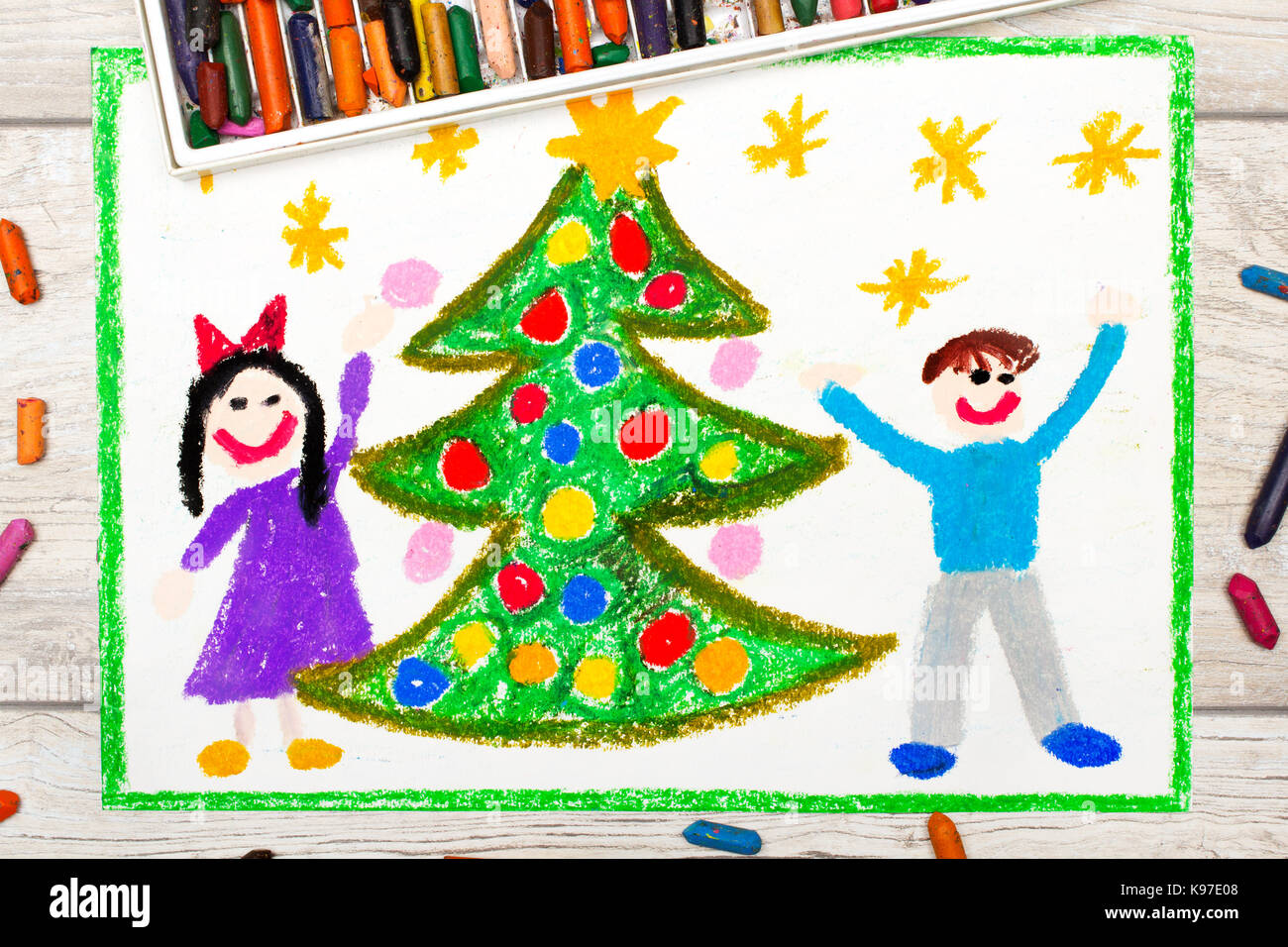 Christmas Tree Crayon Drawing Stock Photos & Christmas Tree Crayon