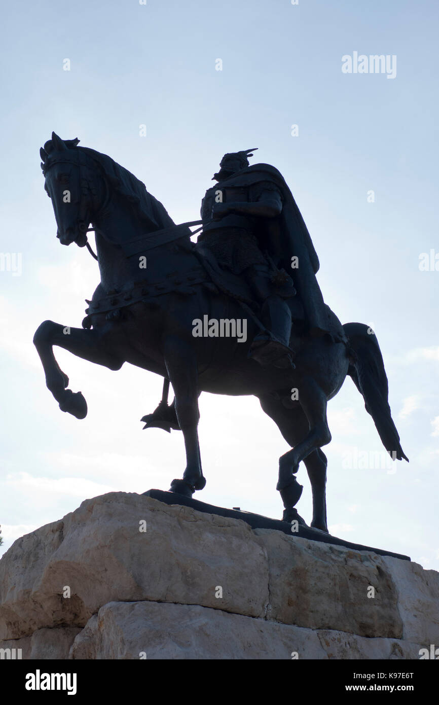 Statue of national hero Skanderbeg in Skanderbeg Square in the centre of Tirana, Albania Stock