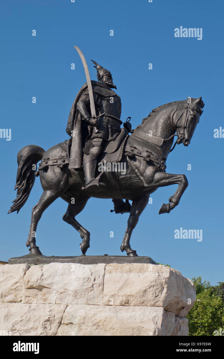 Statue of national hero Skanderbeg in Skanderbeg Square in the centre of Tirana, Albania Stock