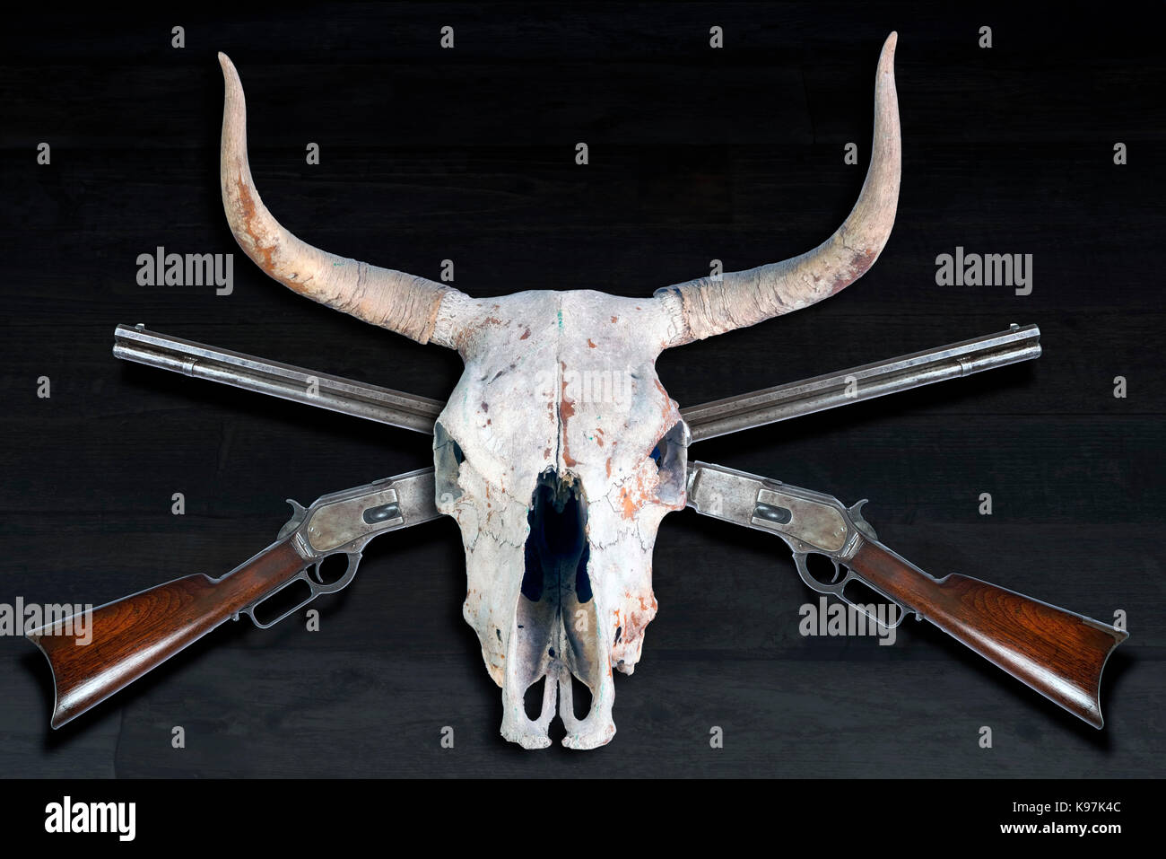 Antique cowboy lever action rifle and cow skulls. Stock Photo