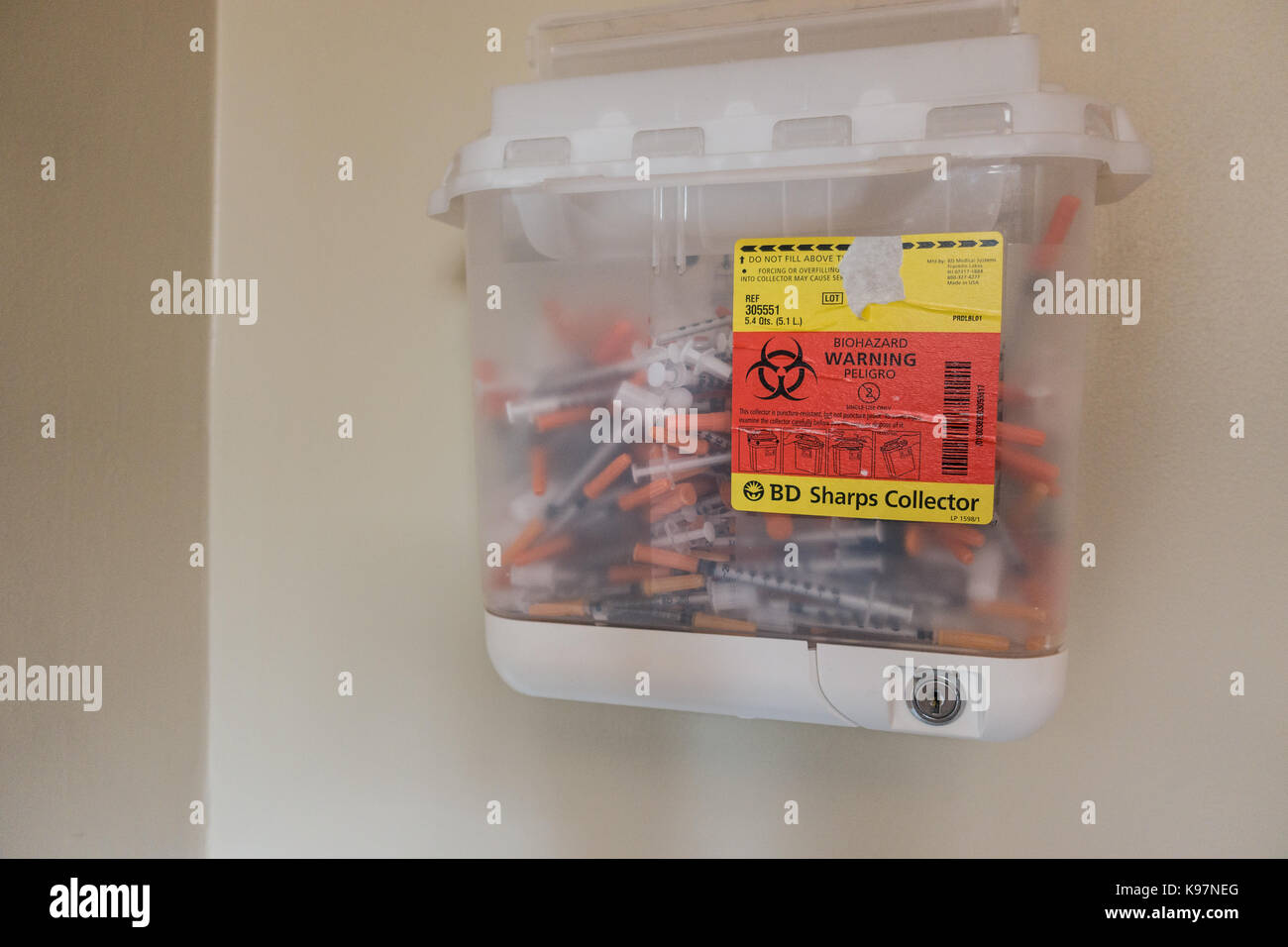 BectonDickinson Multi Purpose Sharps Container, filled with used