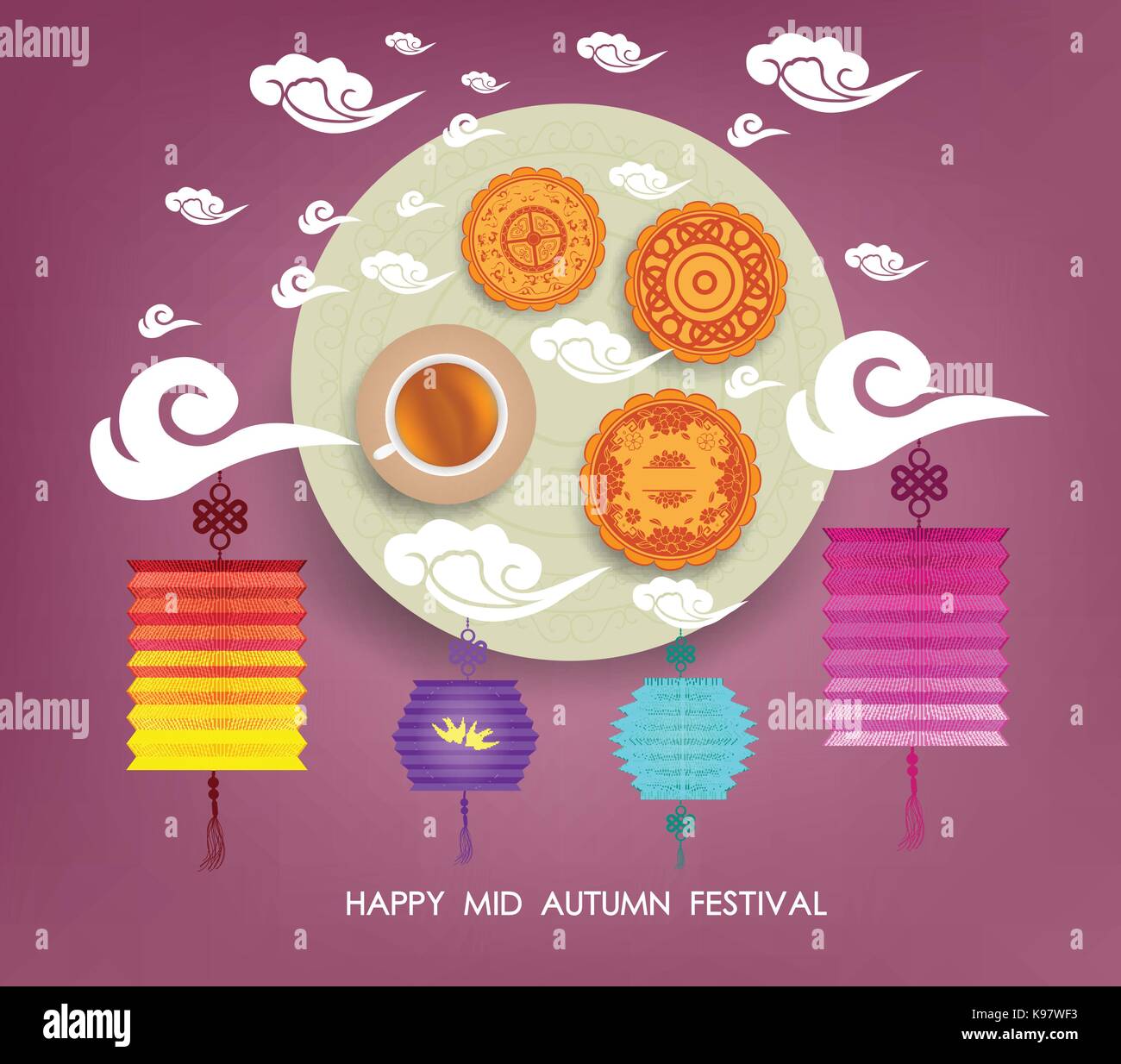 Chinese mid autumn festival background with lantern, tea and cake Stock ...