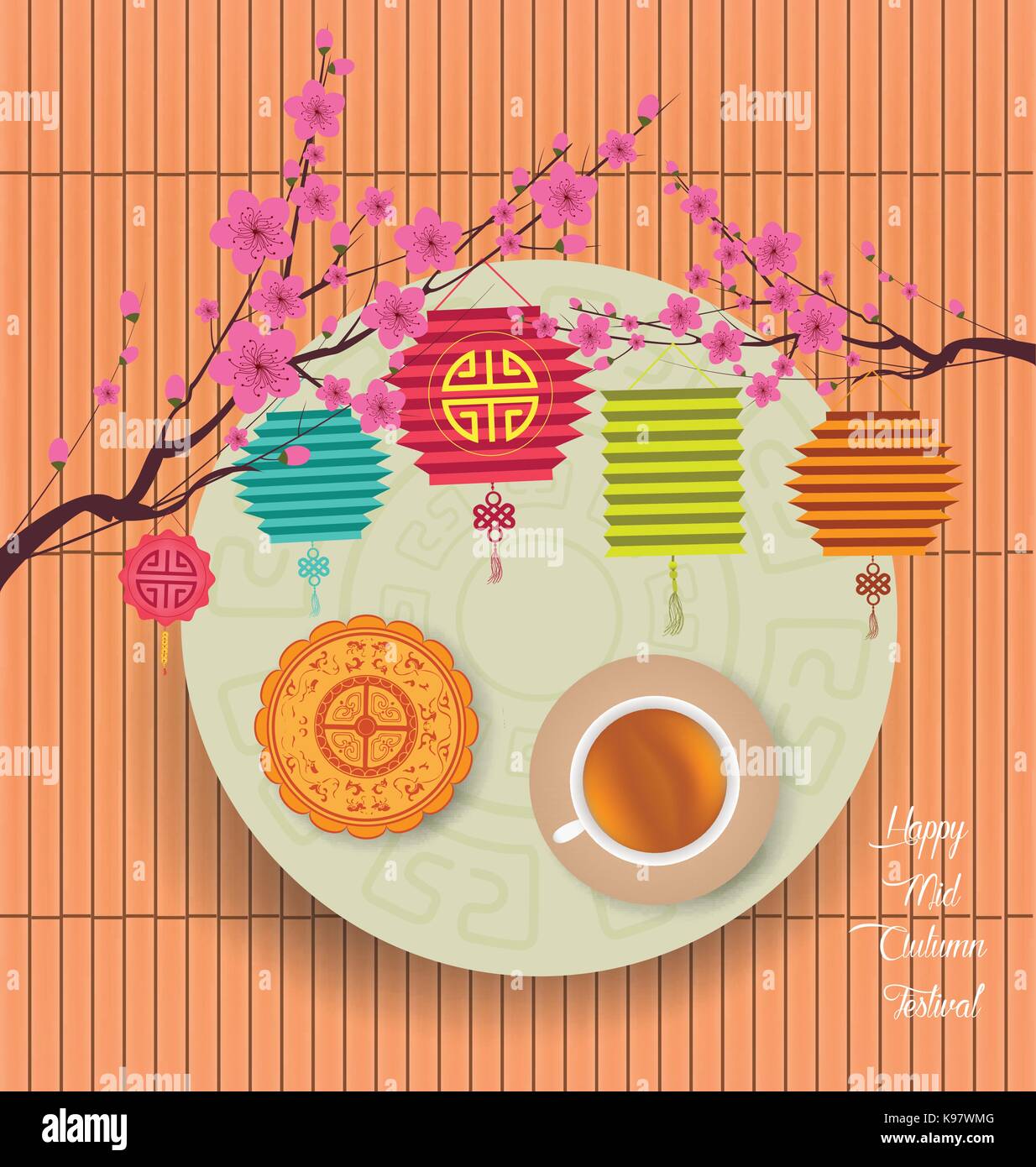 Mid Autumn Lantern Festival background with moon cake and chinese tea ...