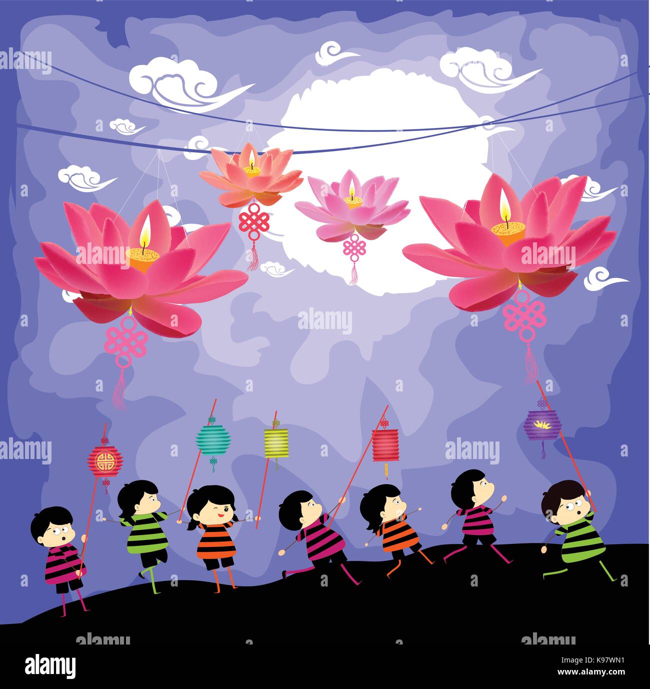 Mid Autumn Festival background with kids playing lanterns Stock Vector