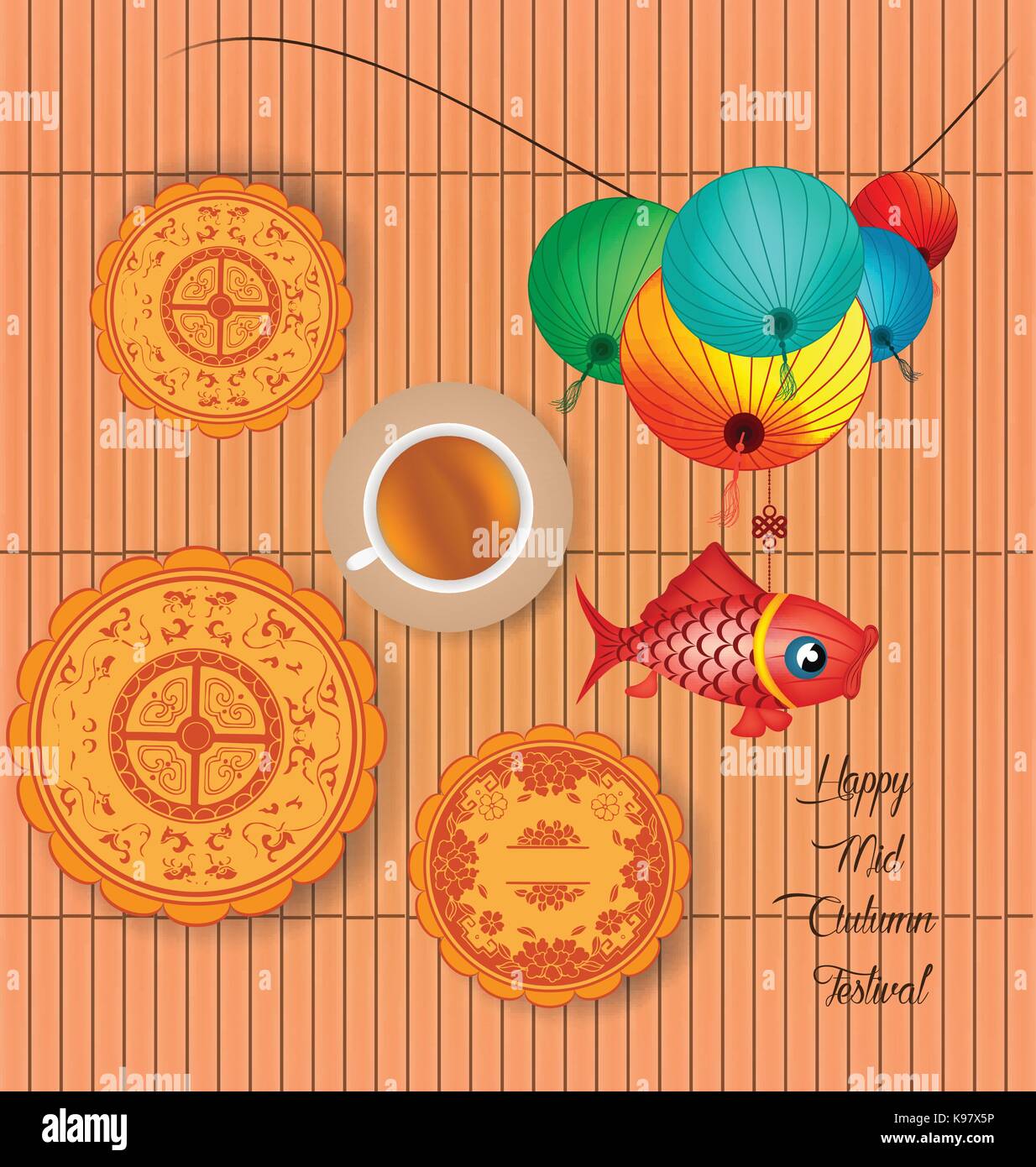 Mid Autumn Lantern Festival background with moon cake and chinese tea ...
