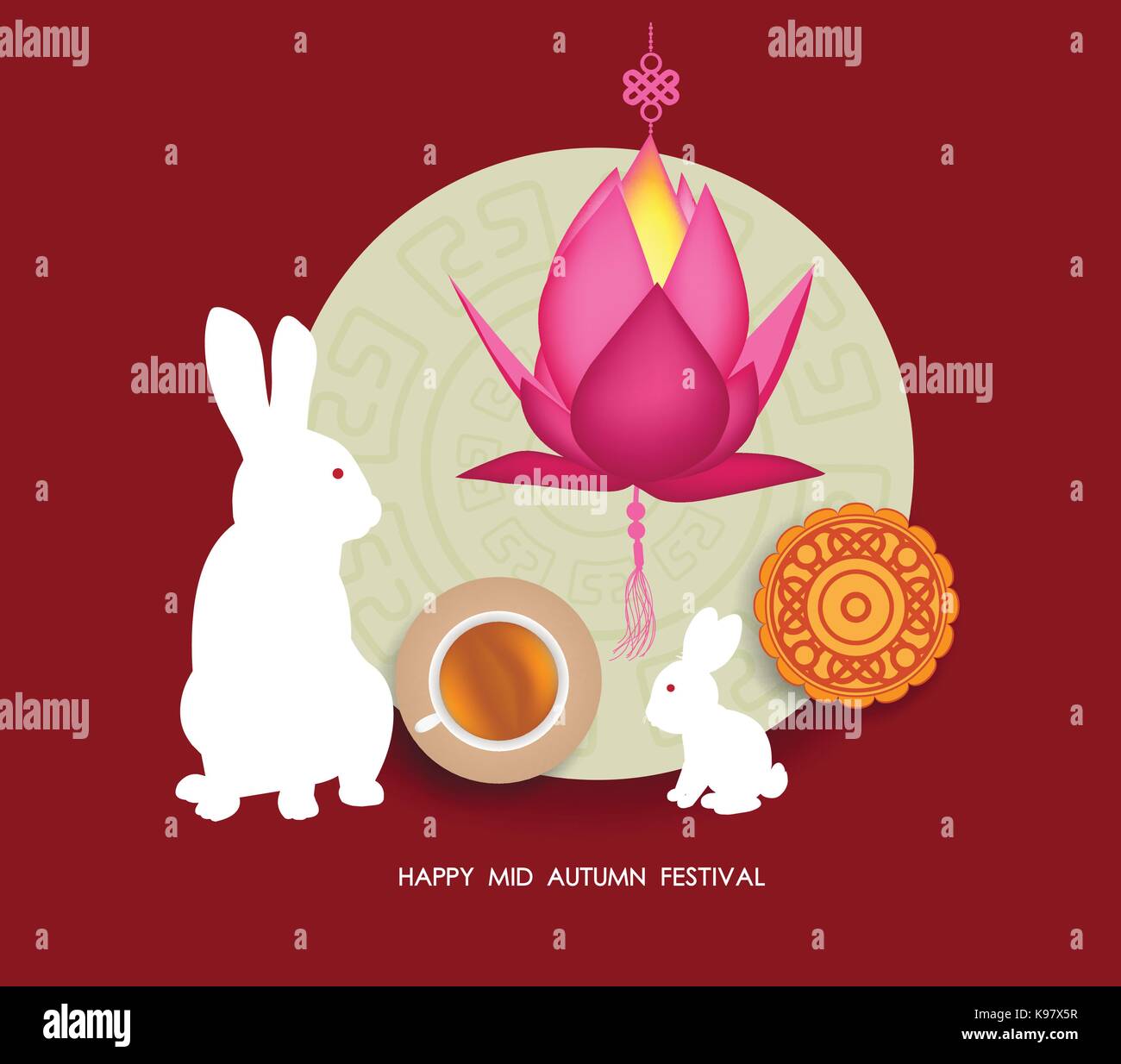 Mid Autumn Lantern Festival background with moon cake, tea and rabbit ...