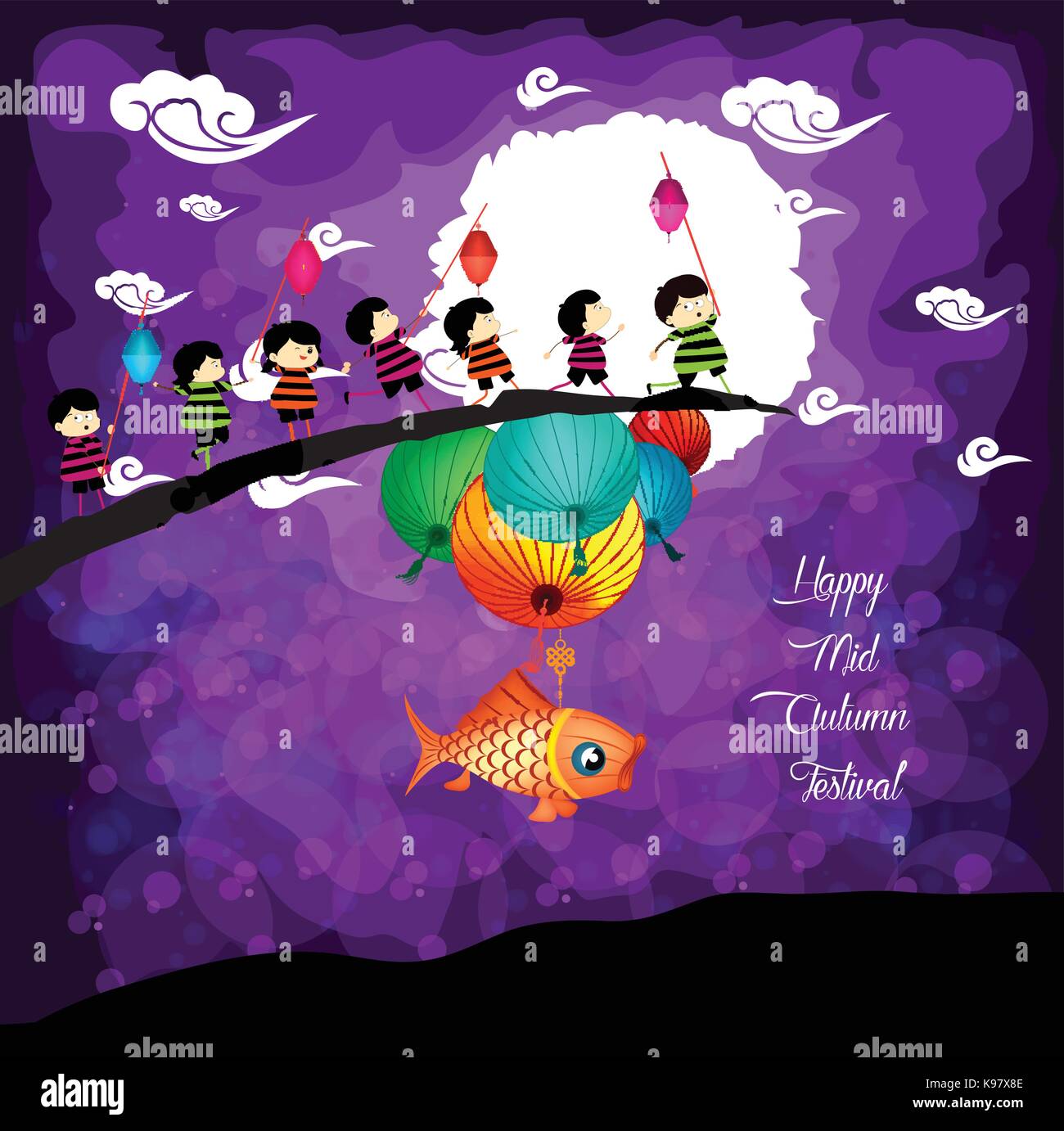 Mid Autumn Festival background with kids and rabbit playing lanterns ...