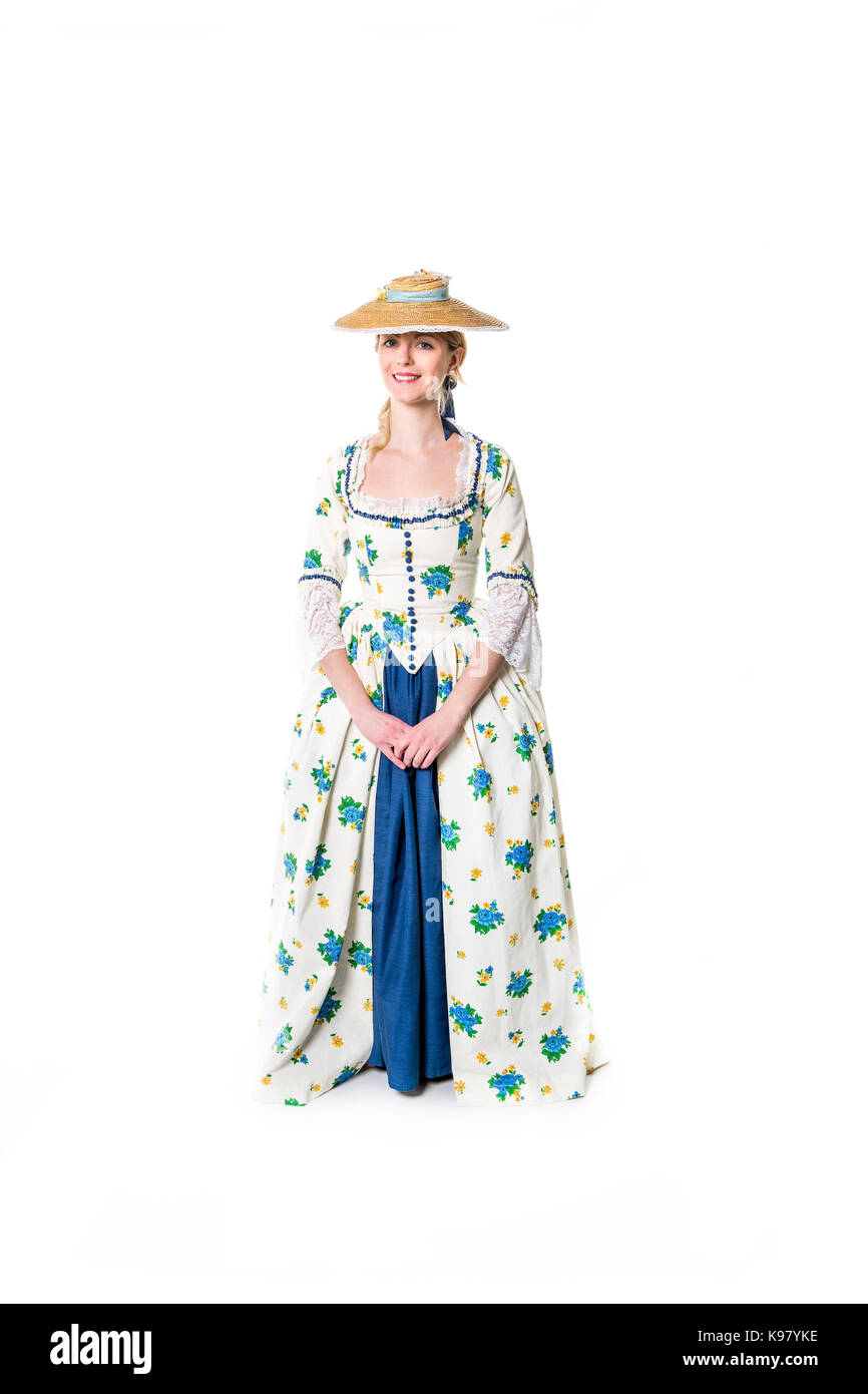 Young beautiful woman in long medieval dress isolated on white Stock ...