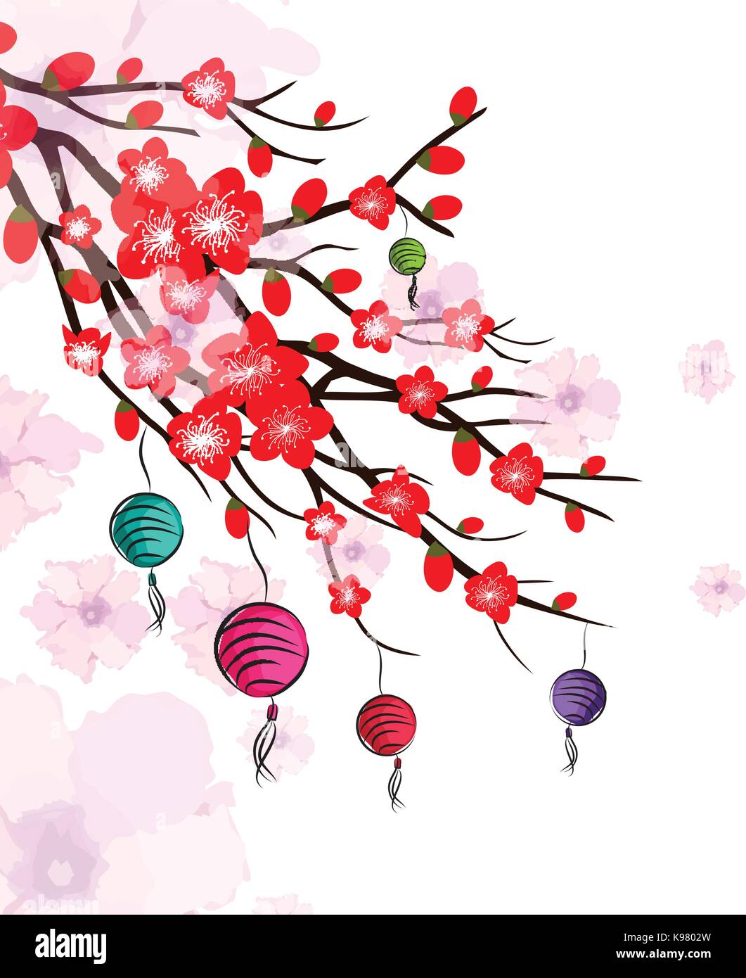 Chinese New Year card with plum blossom and lantern Stock Vector Image ...