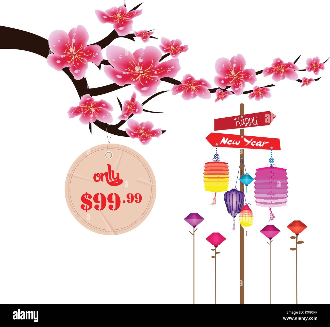 Spring sale label design with sakura flowers. Cherry blossoms and