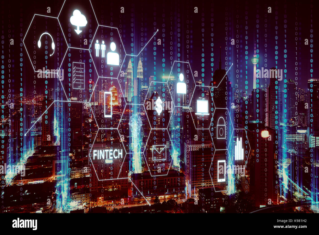Fintech icon and internet of things with matrix code background ...