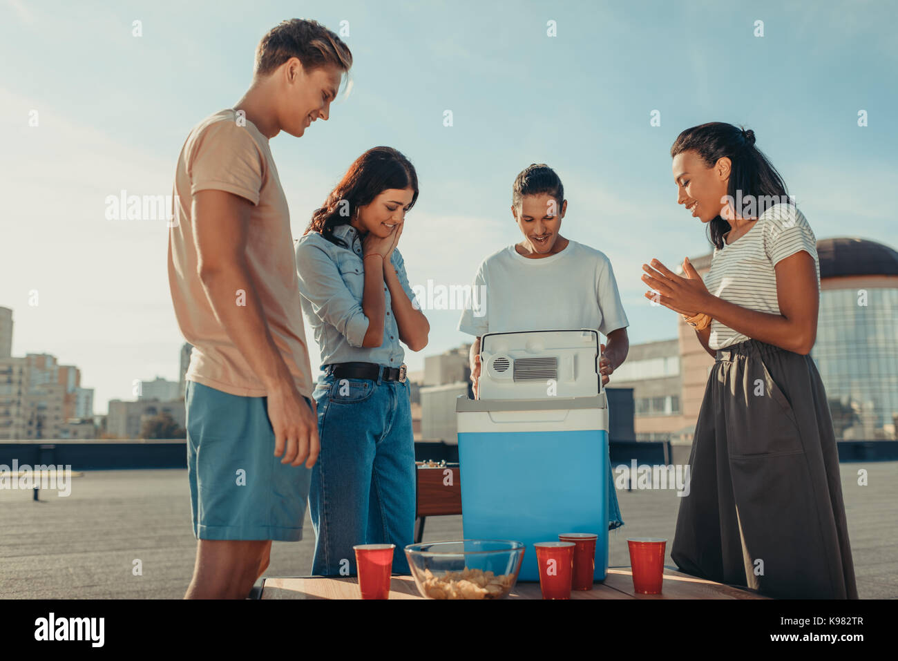 friends looking at portable fridge Stock Photo Alamy