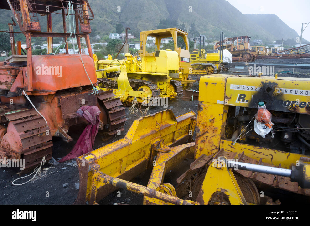 Bulldozers on beach at Ngawi, Cape Palliser, Wairarapa, North Island