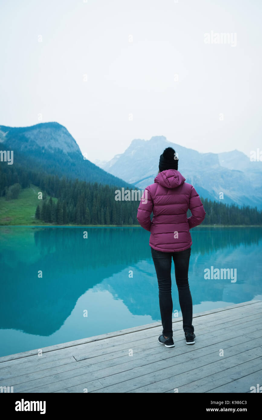 Rear view of woman standing on pier near lake Stock Photo - Alamy