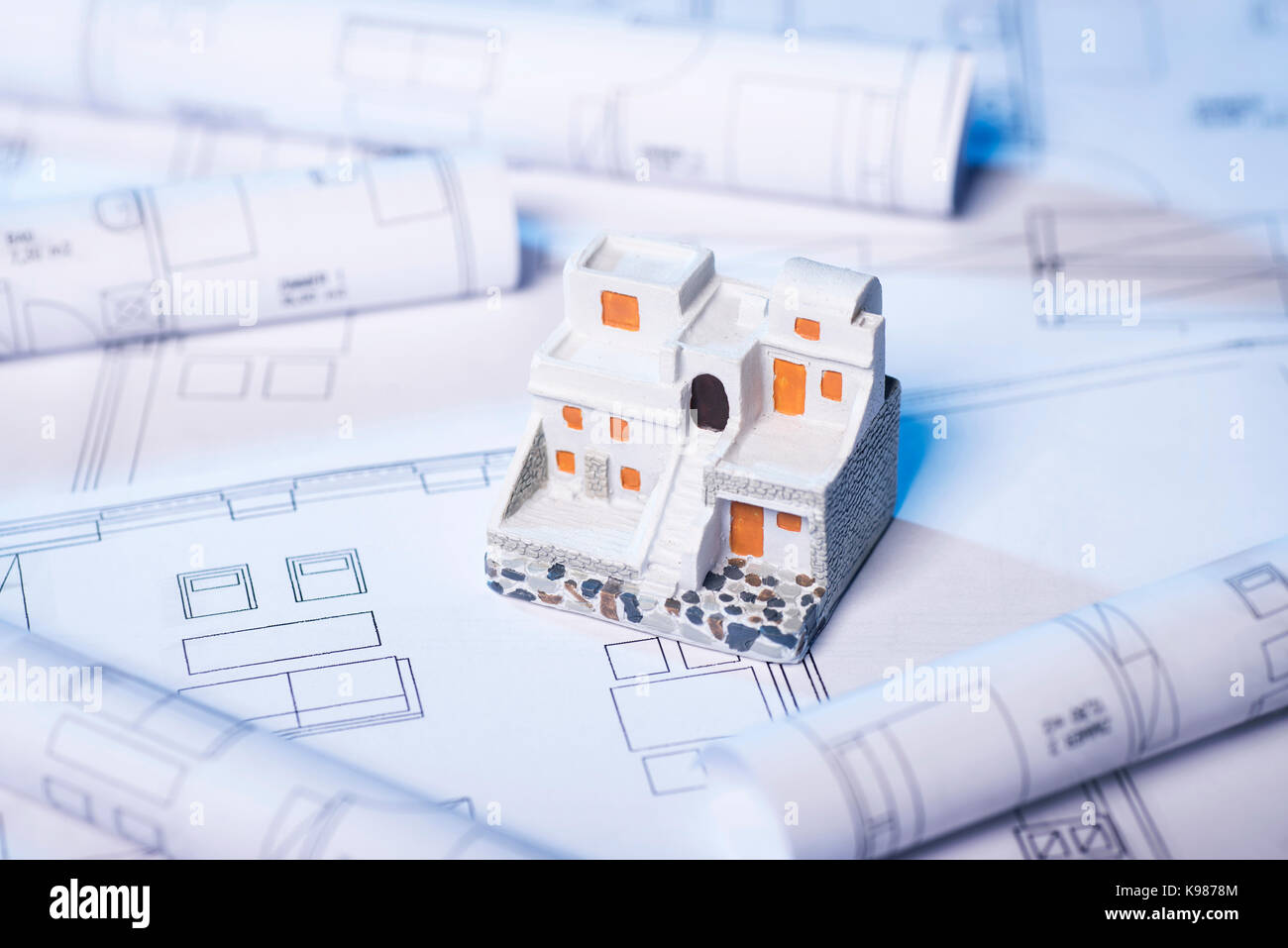 Blueprints and model house in classical Greek style Stock Photo