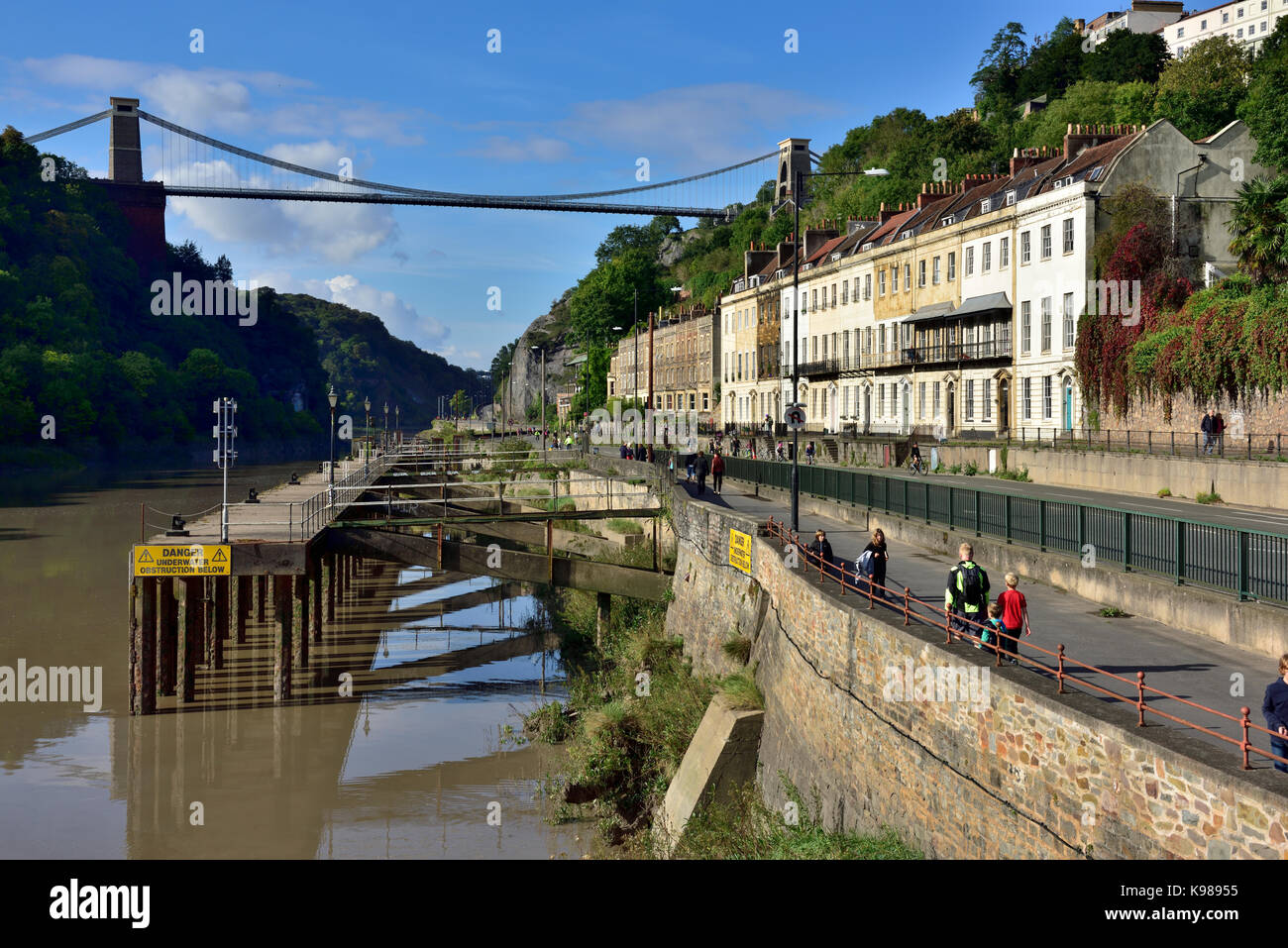 Hotwells Bristol with Clifton suspension bridge, river Avon, road and houses, UK Stock Photo
