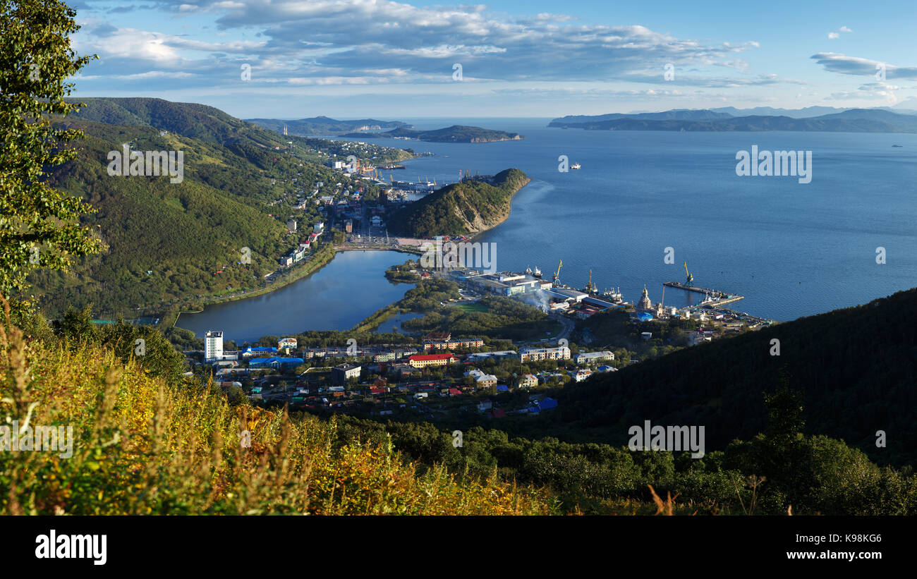 City landscape: top panorama of Petropavlovsk-Kamchatsky City, Avacha Bay (Avachinskaya Bay), Pacific Ocean. Kamchatka Peninsula, Russian Far East Stock Photo