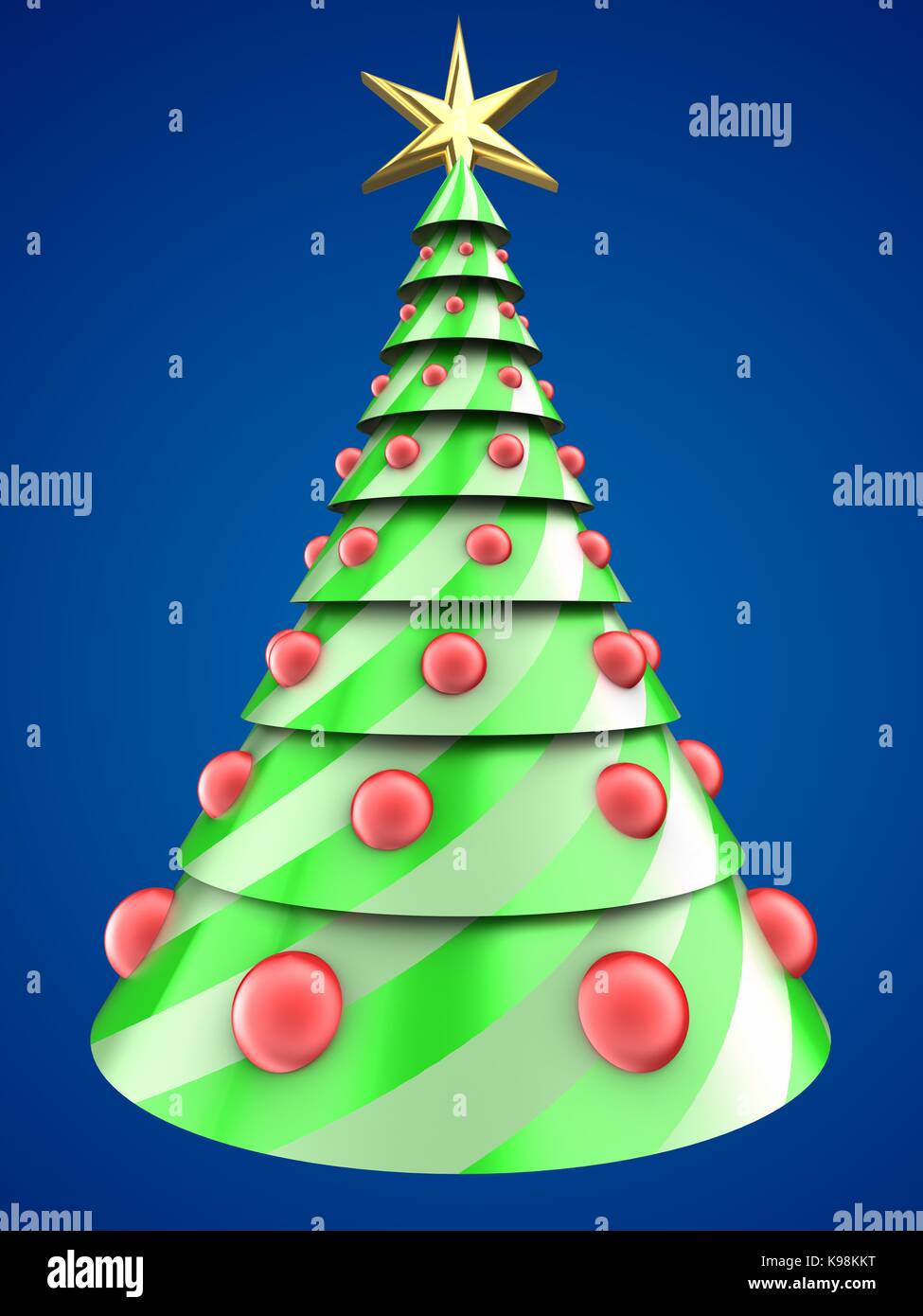 3d illustration of Christmas tree over blue background with red balls ...