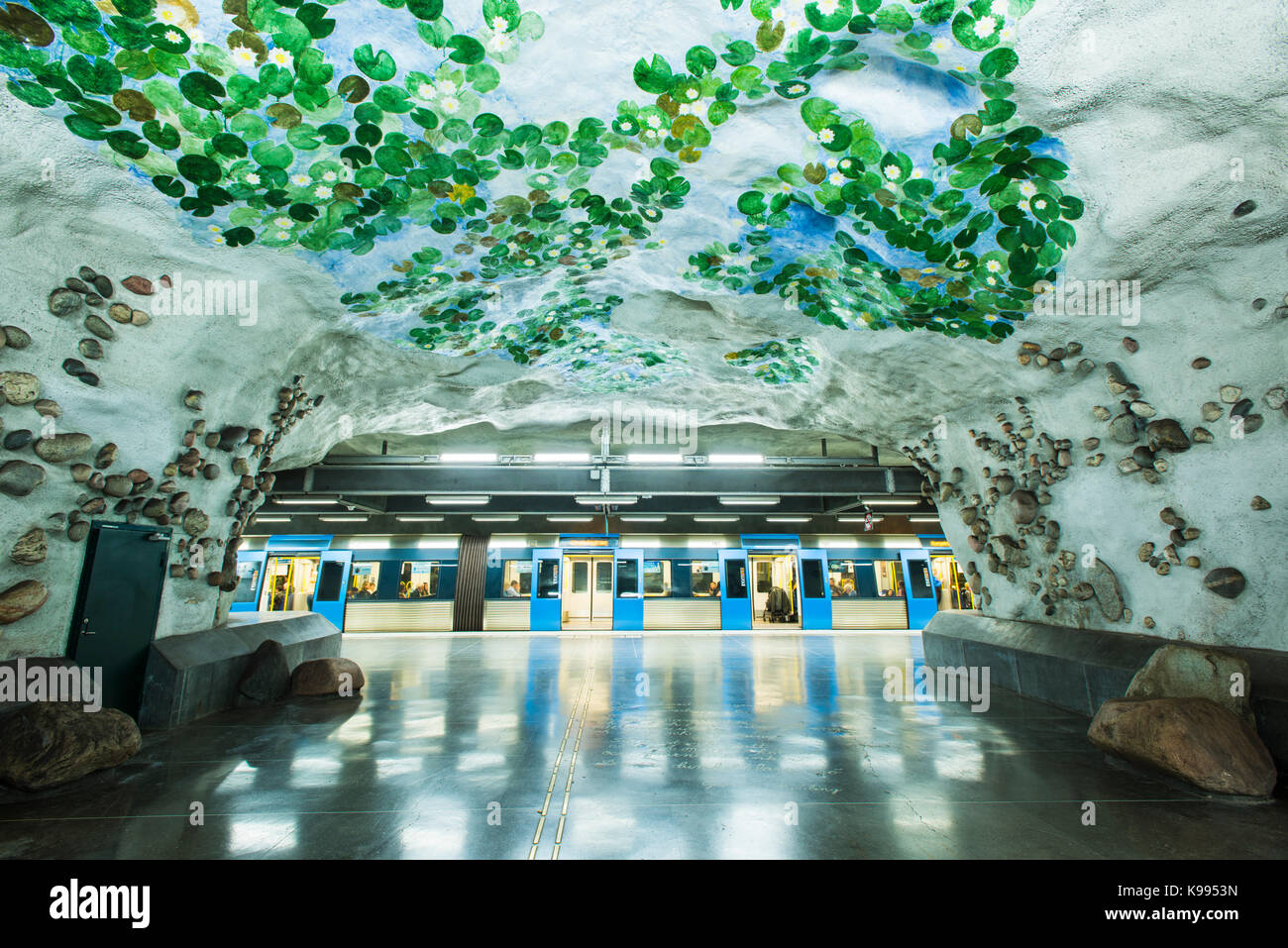 Nackrosen station on the Stockholm Metro, or T-Bana, in Sweden. The Stockholm Metro is considered to be the longest art museum in the world. Stock Photo