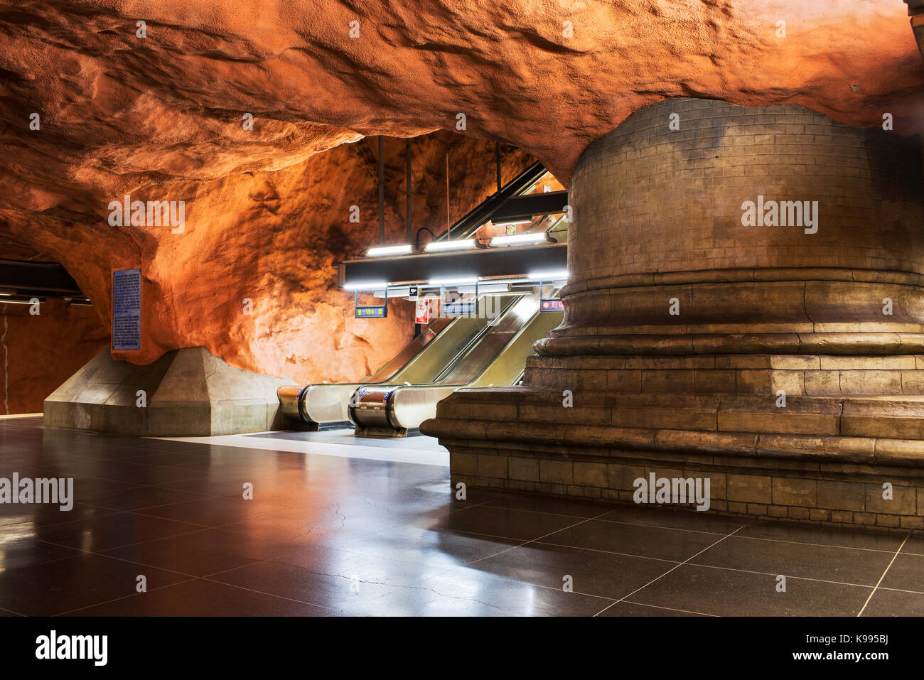 Radhuset station on the Stockholm Metro, or T-Bana, in Sweden. The Stockholm Metro is considered to be the longest art museum in the world. Stock Photo