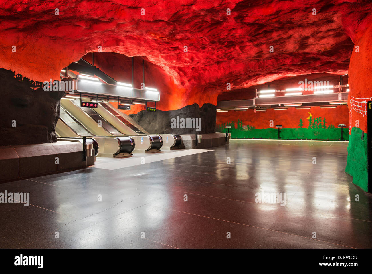 Solna Centrum station on the Stockholm Metro, or T-Bana, in Sweden. The Stockholm Metro is considered to be the longest art museum in the world. Stock Photo