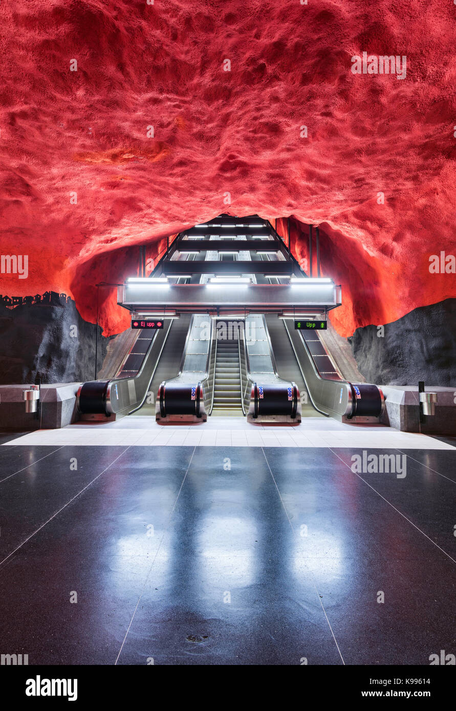 Solna Centrum station on the Stockholm Metro, or T-Bana, in Sweden. The Stockholm Metro is considered to be the longest art museum in the world. Stock Photo