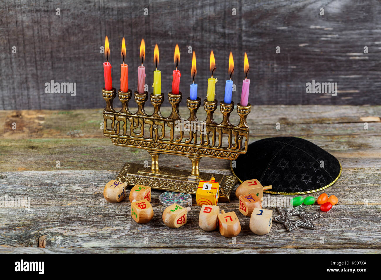 Jewish holiday, Holiday symbol Hanukkah Brightly Glowing Hanukkah Menorah - Shallow Depth of Field Stock Photo