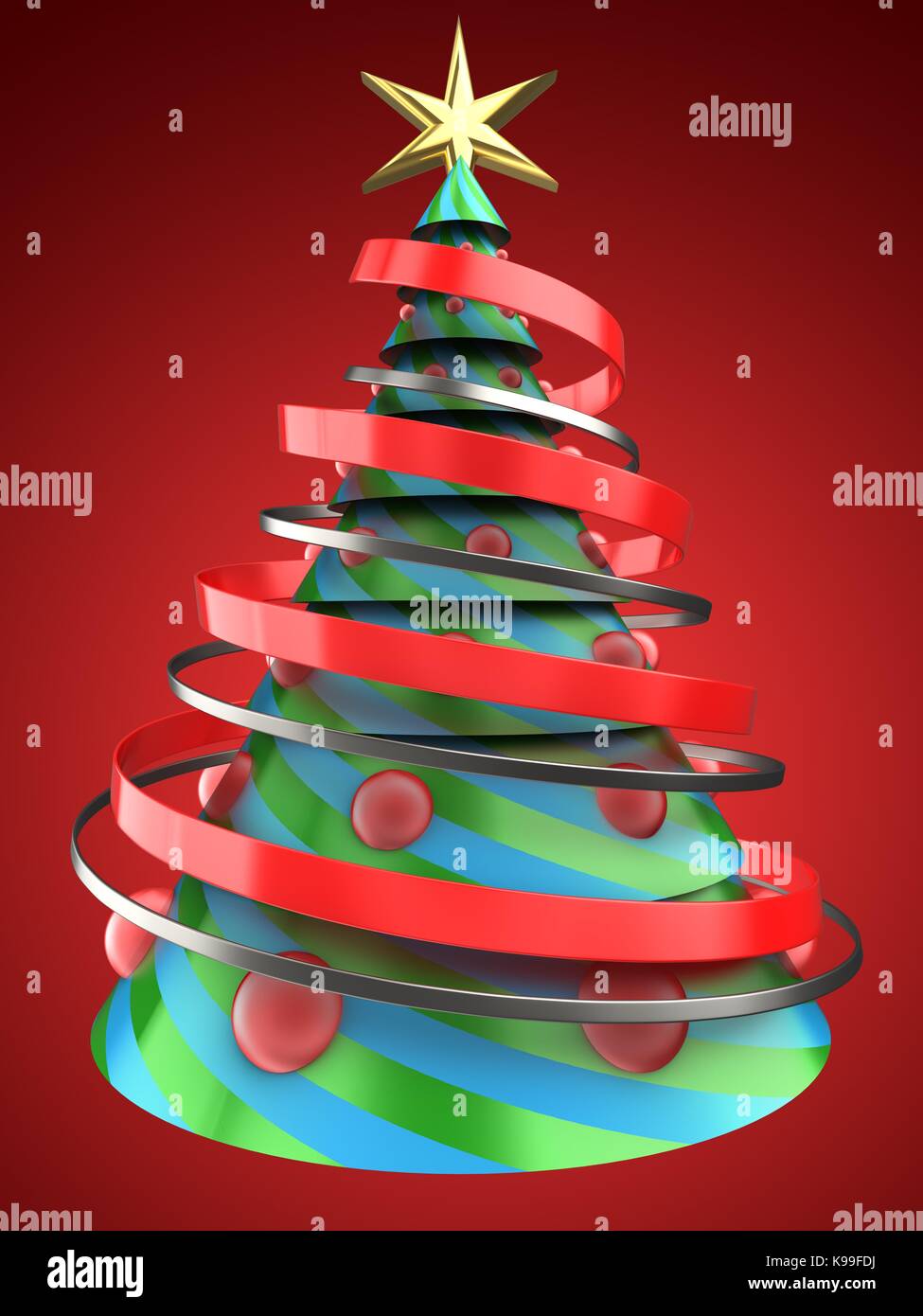 3d illustration of Christmas tree over red background with red balls ...